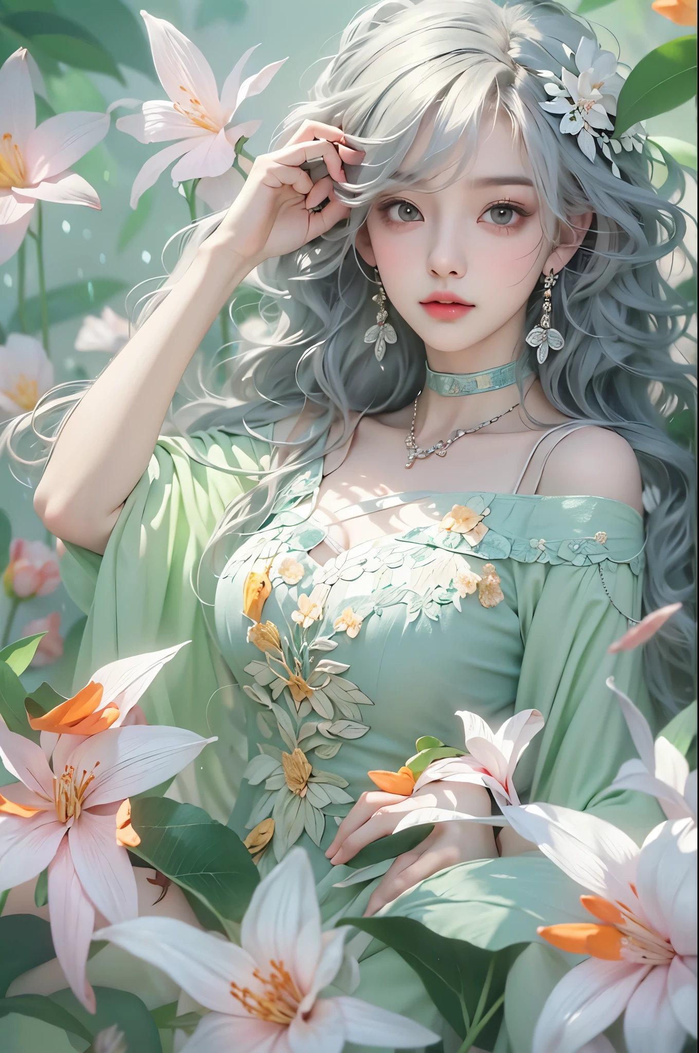 Sweet girl clothes5,high-waist skirt,jewelry,thighhighs, ((knee shot)), One hand resting on his lips、周围头发有白butterflys兰，Lilac dendrobium、orange lily、white lilies、1 girl in、fully body photo、White hair、floated hair、Hazy beauty、A plump chest, Chopping, Have extremely beautiful facial features、Hairpin on the head、Lie in the flowers、Drag your chin with both hands、perfect hand、rosette、(springtime、raining day、butterflys、precipice)、 vectorial art、Chinese contemporary art、Soft lighting、intertwined scarves、looking-down