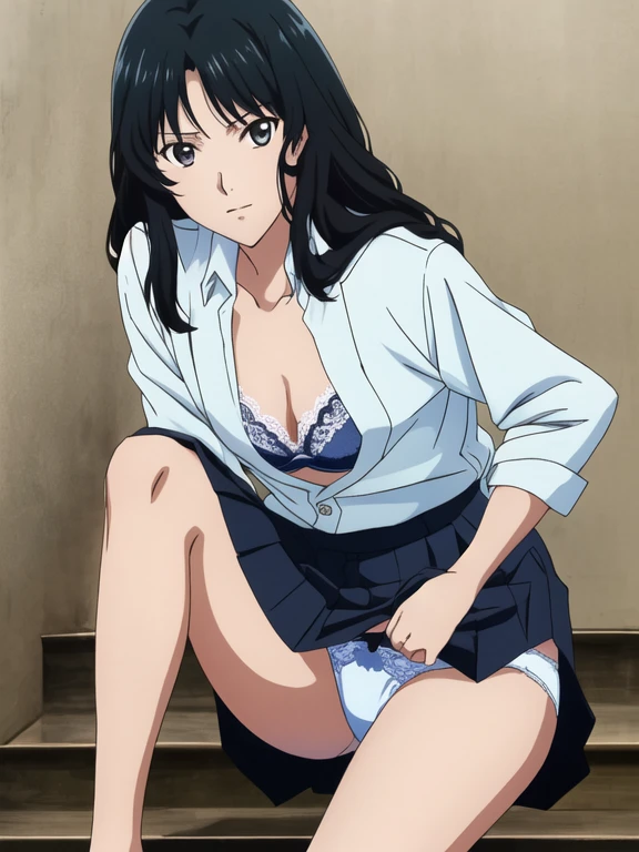 Best Quality, masutepiece, 超A high resolution, (Photorealistic: )2D official style cel animation Amagami style Lift the shirt Skirt Pulling Up open one's legs stairway Crouching frontage black miniskirt with white lines girl with 校服 Light blue lace bra I can see the light blue lace panties Longhaire interview