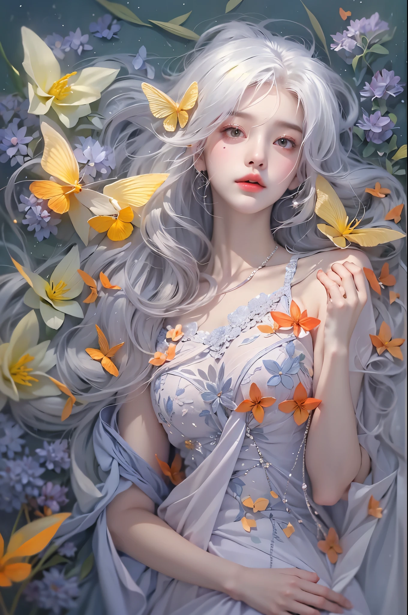 Special clothes53,dress,, ((knee shot)), One hand resting on his lips、周围头发有白butterflys兰，Lilac dendrobium、orange lily、white lilies、1 girl in、fully body photo、White hair、floated hair、Hazy beauty、A plump chest, Chopping, Have extremely beautiful facial features、Hairpin on the head、Lie in the flowers、Drag your chin with both hands、perfect hand、rosette、(springtime、raining day、butterflys、precipice)、 vectorial art、Chinese contemporary art、Soft lighting、intertwined scarves、looking-down