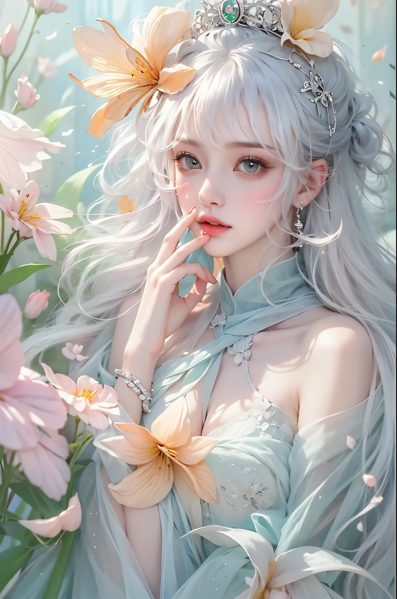 Sweet girl clothes8,(gem:1.3),, ((knee shot)), One hand resting on his lips、周围头发有白butterflys兰，Lilac dendrobium、orange lily、white lilies、1 girl in、fully body photo、White hair、floated hair、Hazy beauty、A plump chest, Chopping, Have extremely beautiful facial features、Hairpin on the head、Lie in the flowers、Drag your chin with both hands、perfect hand、rosette、(springtime、raining day、butterflys、precipice)、 vectorial art、Chinese contemporary art、Soft lighting、intertwined scarves、looking-down