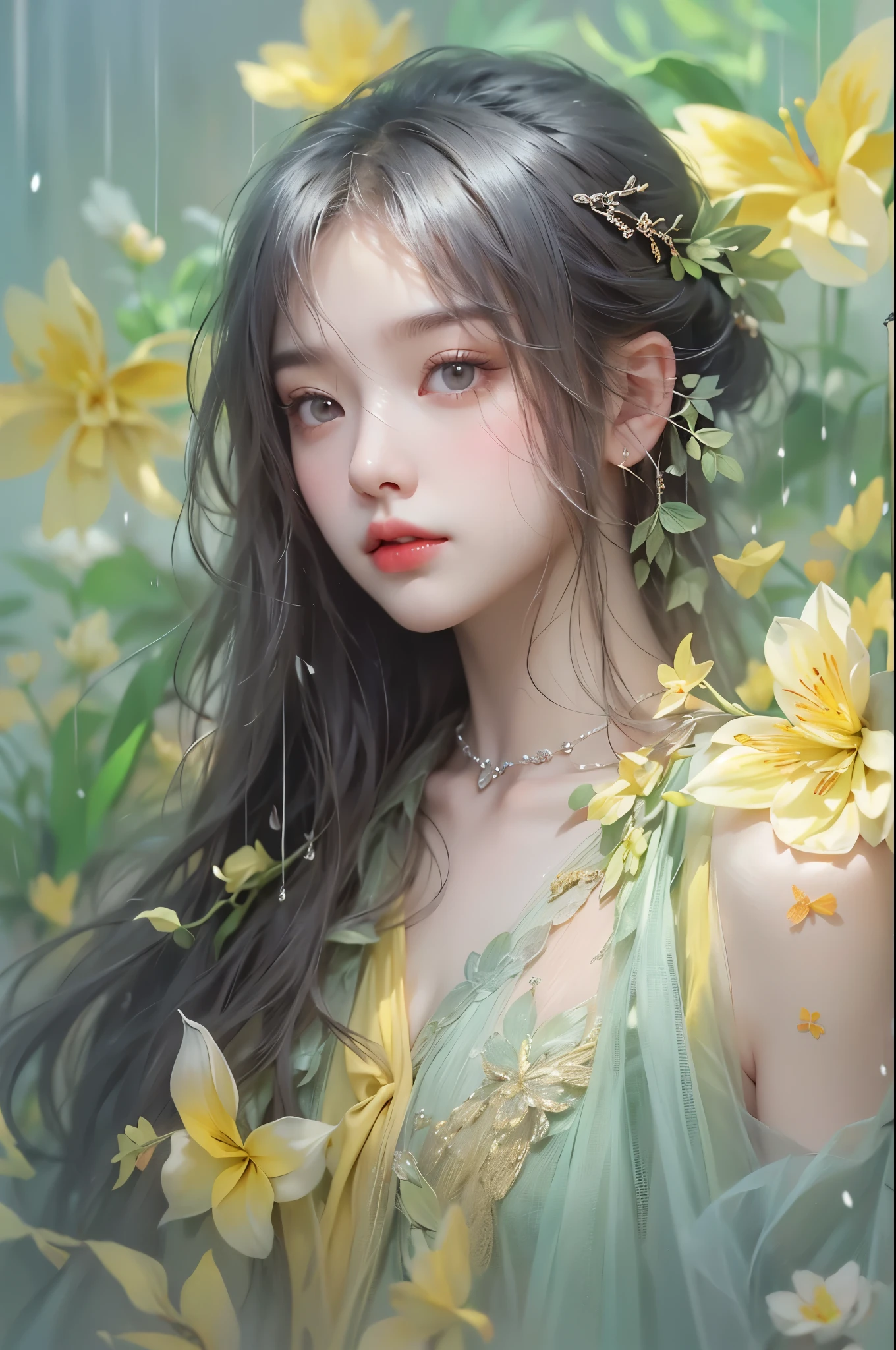 Sweet girl clothes9,yellow dress, ((knee shot)), One hand resting on his lips、周围头发有白butterflys兰，Lilac dendrobium、orange lily、white lilies、1 girl in、fully body photo、White hair、floated hair、Hazy beauty、A plump chest, Chopping, Have extremely beautiful facial features、Hairpin on the head、Lie in the flowers、Drag your chin with both hands、perfect hand、rosette、(springtime、raining day、butterflys、precipice)、 vectorial art、Chinese contemporary art、Soft lighting、intertwined scarves、looking-down