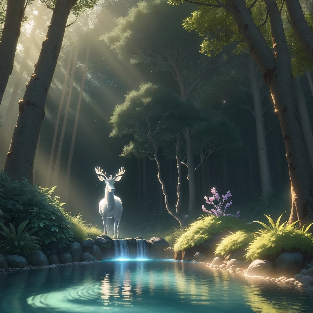 Masterpiece, best quality, (very detailed CG unity 8k wallpaper), (best quality), (best illustration), (best shadows), glow sprite, with a glowing deer, in the swimming pool Drinking water, natural elements in the forest theme. Mysterious forest, beautiful forest, nature, surrounded by flowers, delicate leaves and branches surrounded by fireflies (natural elements), (jungle theme), (leaves), (twigireflies), (particle effects) etc. 3D , Octane rendering, ray tracing, super detailed