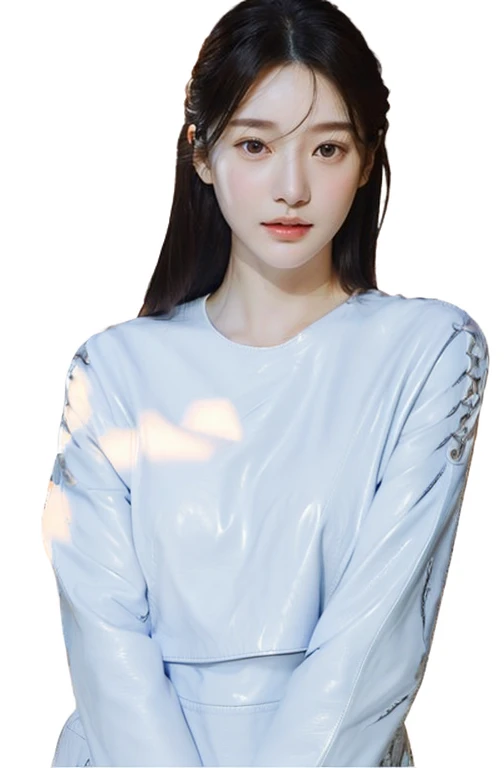 blue leather jacket, white t-shirt