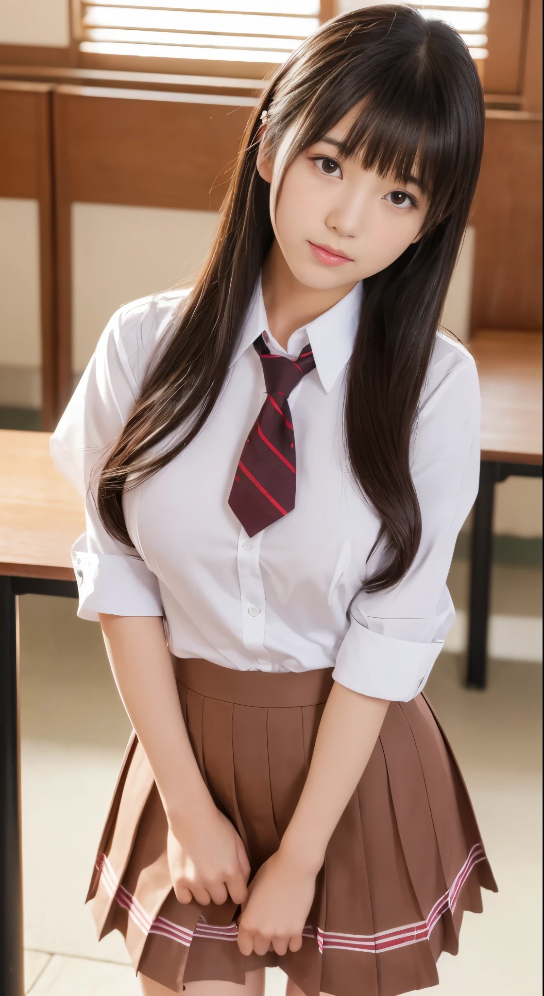 (Best Quality,8K,Raw photo,Realistic,High resolution:1.2),(cute Japanese girls),(Huge breasts:1.20),(Slim body、Naughty body),(Japan High School School Uniform),(school classrooms),(18year old、difficult、Takamine Flower、Male classmate POW、The presence of idoleautiful Realistic Asians:1.5、tenderness)、Professional、