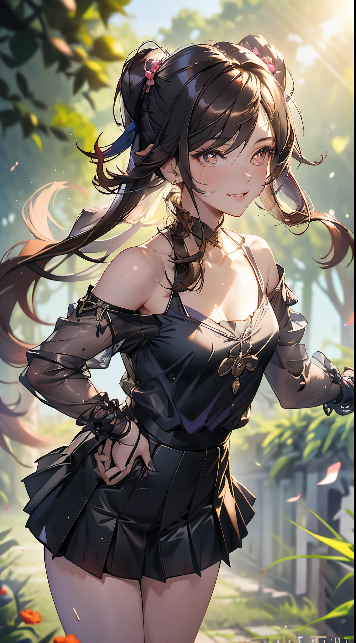 realistic, hu tao, parted lip, blush, make up, light smile, brown hair, sports, skirt, wet clothes, light, thighs, purple eyes, bare shoulders, collarbone, narrow waist, sunshine, sunshine, roses, wind, cleavage, (masterpiece), sweat,