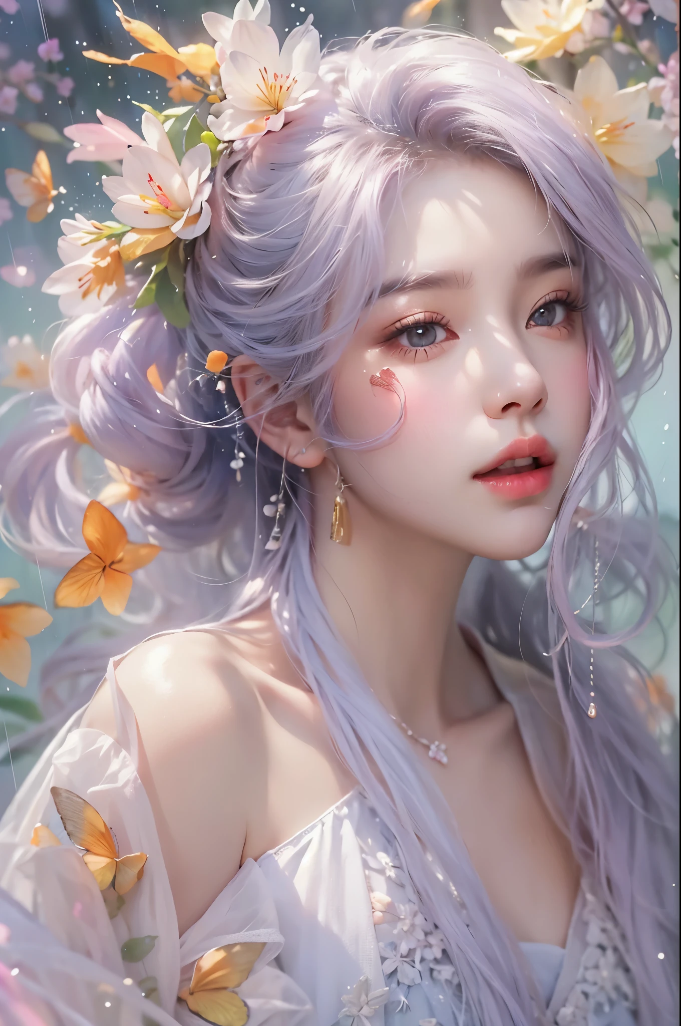 Sweet girl clothes7,skirt, ((knee shot)), One hand resting on his lips、周围头发有白butterflys兰，Lilac dendrobium、orange lily、white lilies、1 girl in、fully body photo、White hair、floated hair、Hazy beauty、A plump chest, Chopping, Have extremely beautiful facial features、Hairpin on the head、Lie in the flowers、Drag your chin with both hands、perfect hand、rosette、(springtime、raining day、butterflys、precipice)、 vectorial art、Chinese contemporary art、Soft lighting、intertwined scarves、looking-down