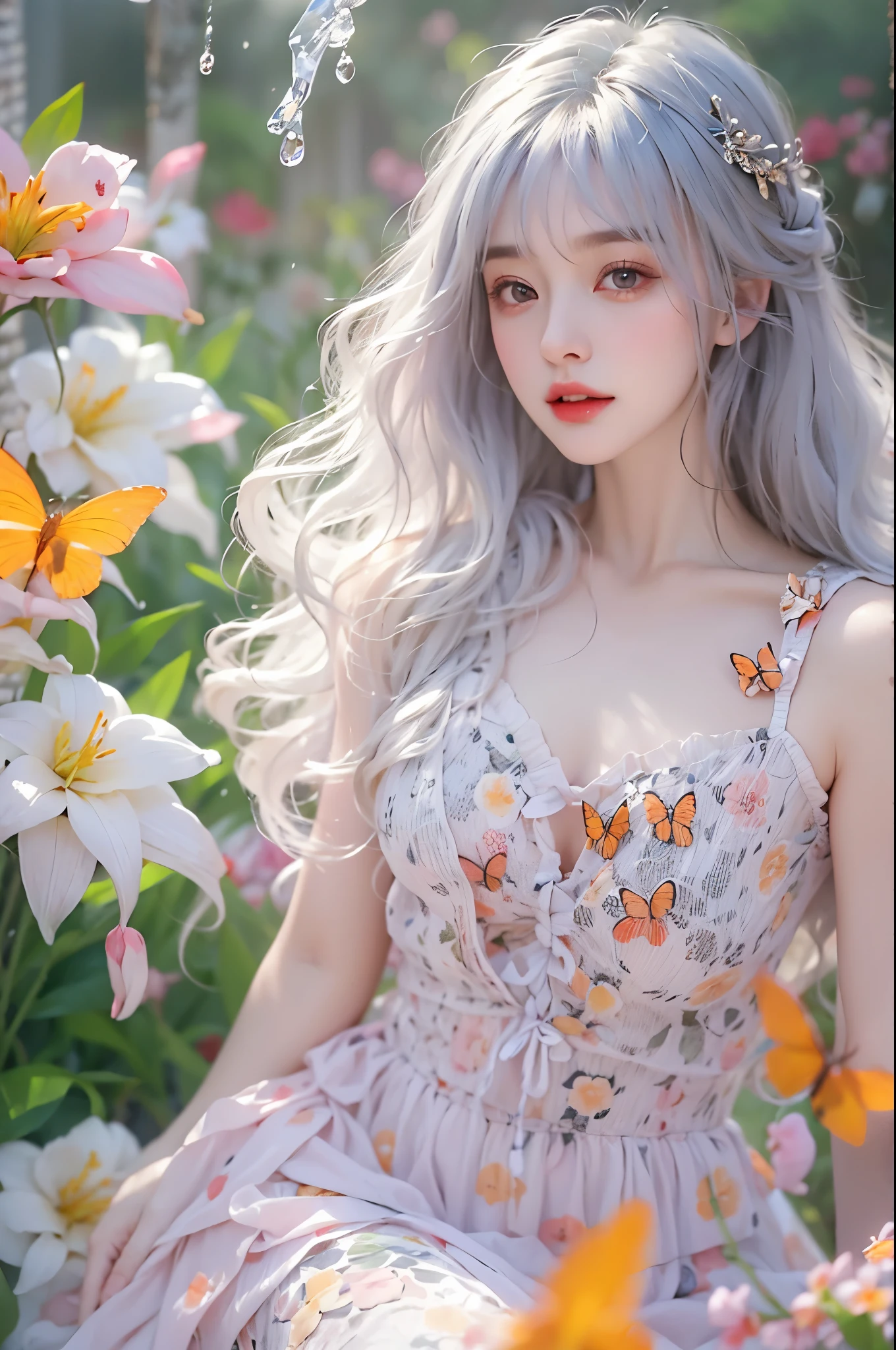 Sweet girl clothes6,print dress, ((knee shot)), of a real、realisticlying、real photograph、One hand resting on his lips、周围头发有白butterflys兰，Lilac dendrobium、orange lily、white lilies、1 girl in、fully body photo、White hair、floated hair、Hazy beauty、A plump chest, Chopping, Have extremely beautiful facial features、Hairpin on the head、Lie in the flowers、Drag your chin with both hands、perfect hand、rosette、(springtime、raining day、butterflys、precipice)、 vectorial art、Chinese contemporary art、Soft lighting、intertwined scarves、looking-down