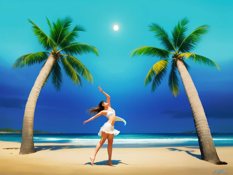 A beautiful girl dancing on the beach under a blue sky between 2 palm trees, detailed, stunning artwork, cinematic lighting, hyper-realistic, beautiful,