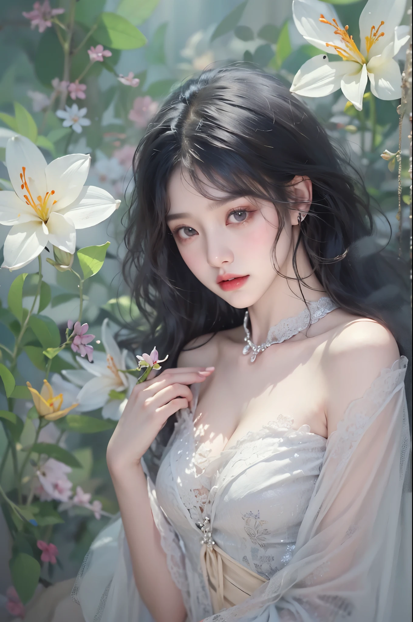 lace dress1, ((knee shot)), of a real、realisticlying、real photograph、One hand resting on his lips、周围头发有白butterflys兰，Lilac dendrobium、orange lily、white lilies、1 girl in、fully body photo、White hair、floated hair、Hazy beauty、A plump chest, Chopping, Have extremely beautiful facial features、Hairpin on the head、Lie in the flowers、Drag your chin with both hands、perfect hand、rosette、(springtime、raining day、butterflys、precipice)、 vectorial art、Chinese contemporary art、Soft lighting、intertwined scarves、looking-down