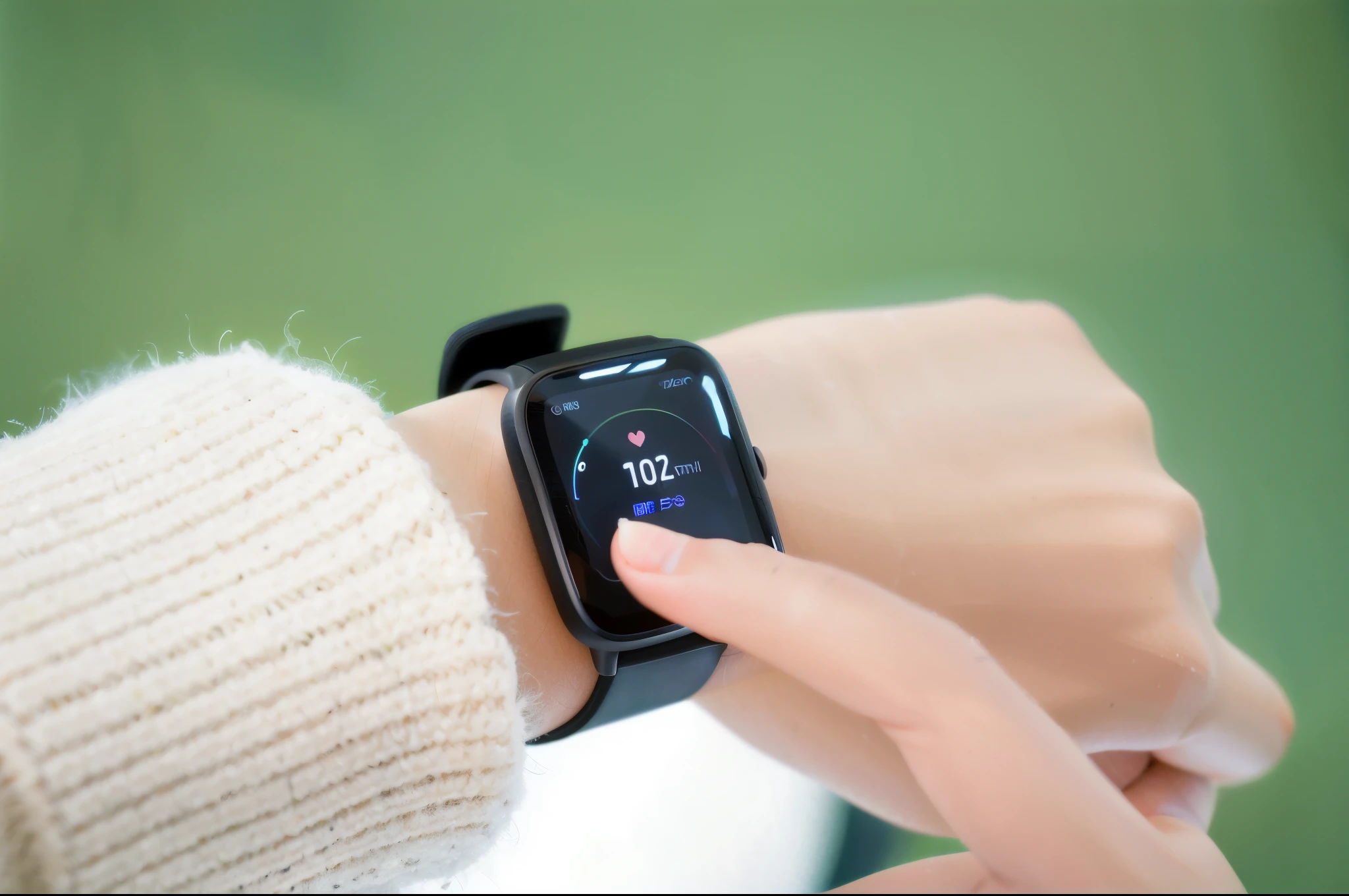 Someone is holding a smart watch,There is a heart on it, with accurate features, accurately detailed, smooth technologies, Easy to use, heart rate, prime, professional, Detailed surroundings, The best, Wearing a watch, Wearing a watch, accurate features ), The lines are clear and smooth, hyper realisitc的, hyper realisitc, manual, technologies, product introduction photos