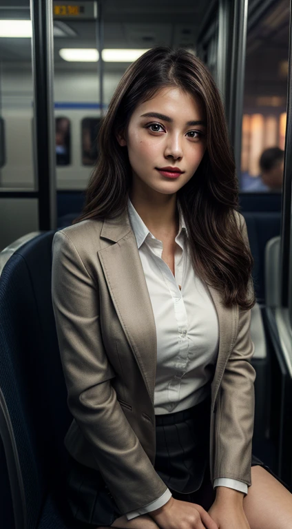 Top Quality, Masterpiece, 1 Girl, Beautiful Face, (Photorealistic Photos:1.3), Rim Lighting, (High Detail Skin:1.2), 8K UHD, DSLR, High Quality, High Definition, 4K, 8K, Bokeh, (Real: 1.3), Black Formal Blazer, Middle Breast, Short Skirt,Office, sitting on train seat