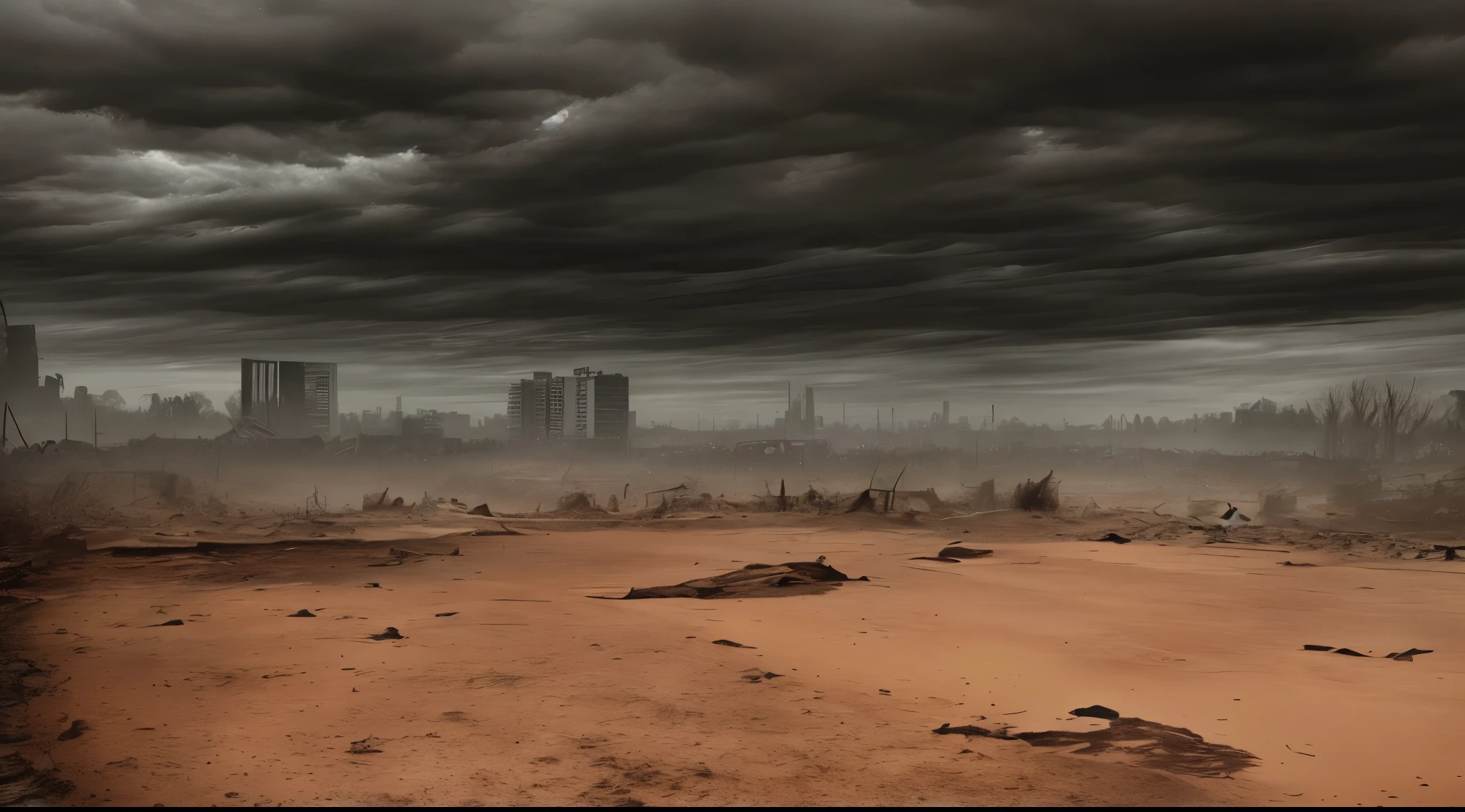 wasteland, wasteland on the outskirts of the city, cloudy sky, cloudy day