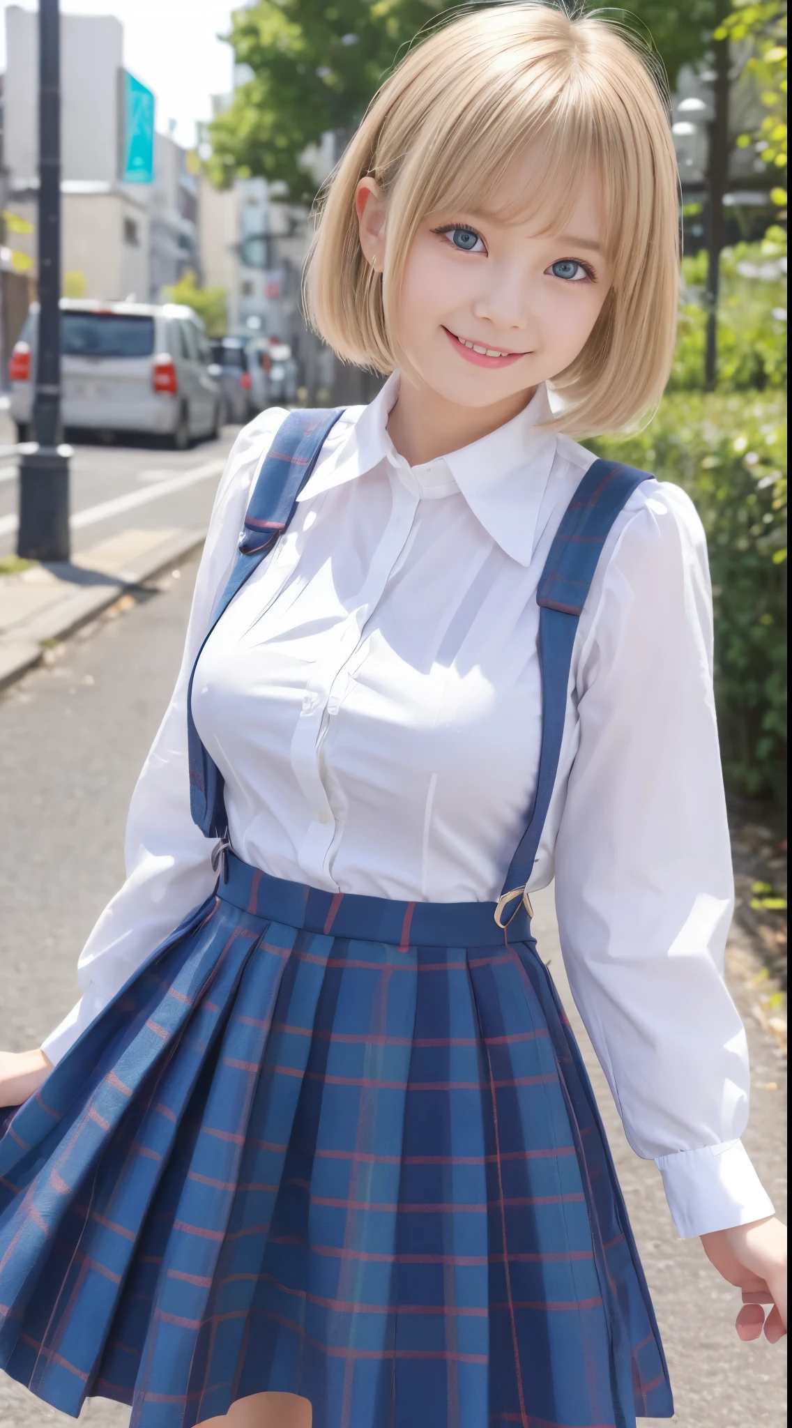 little young girl.................,, in front of the school、Connect to skirt with suspenders、White shirt with long sleeves、Plaid skirt、Lori, , sakimichan,, nice and cute, Innocent smile, , Lovely smile, sakimichan HDRI、loli big boobs、(Beauty Big 1:2)、a blond、a blondの髪、Blue eyes、little girl with short bob、Pose cutely