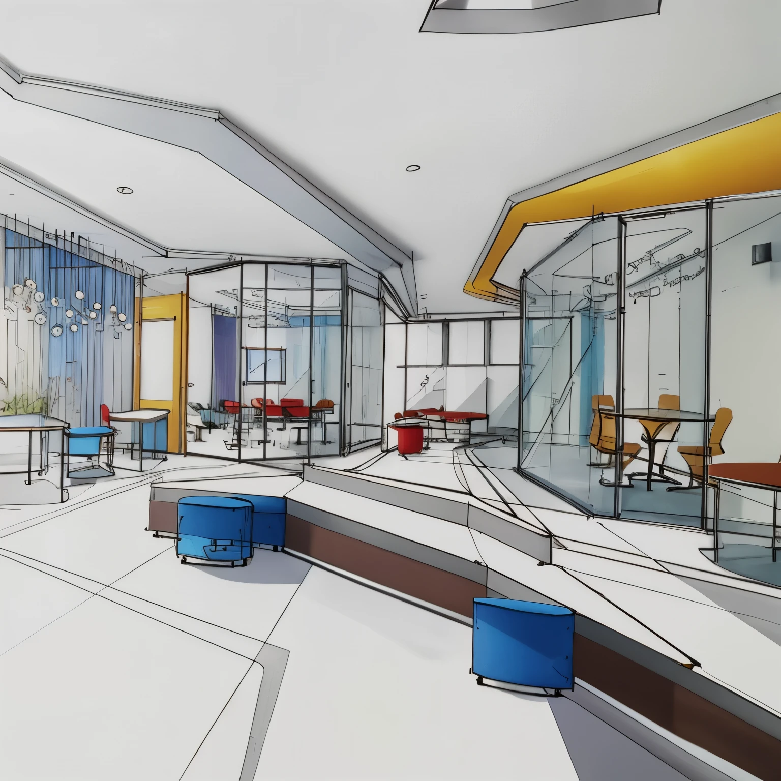 Conceptual renderings,chromatically,Metal Technology Corporation,Room drawing with sofa, The glass is transparent, the top is metal, the table is white leather and the chairs are blue., conceptual drawing, Office 3D renderings, architectural illustration, conceptual drawing, concept sketches, Line work concept art, architectural concepts, Interior architectural landscape, Concept art sketch, interior design architecture,