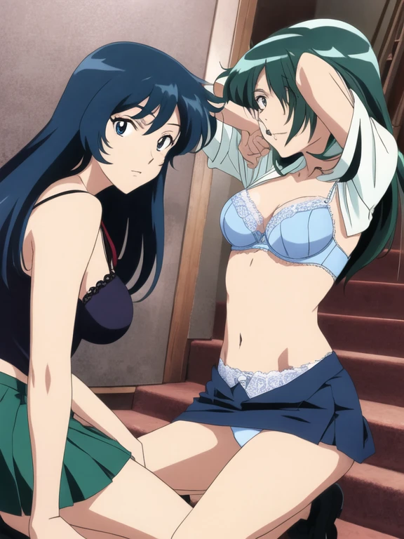 Best Quality, masutepiece, 超A high resolution, (Photorealistic: )2D official style cel animation Urusei Yatsura Kaze Lift the shirt Skirt Pulling Up open one's legs stairway Crouching frontage black miniskirt with white lines girl with 校服 Light blue lace bra I can see the light blue lace panties Longhaire interview