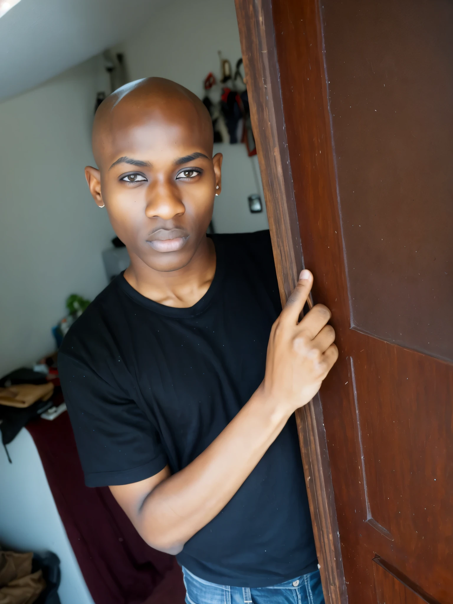 arafed black African man with bald head and black eye make up peeking out of a door, scary look, 1 7 - - old thin face, with black sclera eyes, shaven face, emaciated shaved face, black eyes and large forehead, shaved face, heavy make up, showing forehead, heavy makeup, shaved head, buzzed hair on temple, very dark skin, very dark eyes,