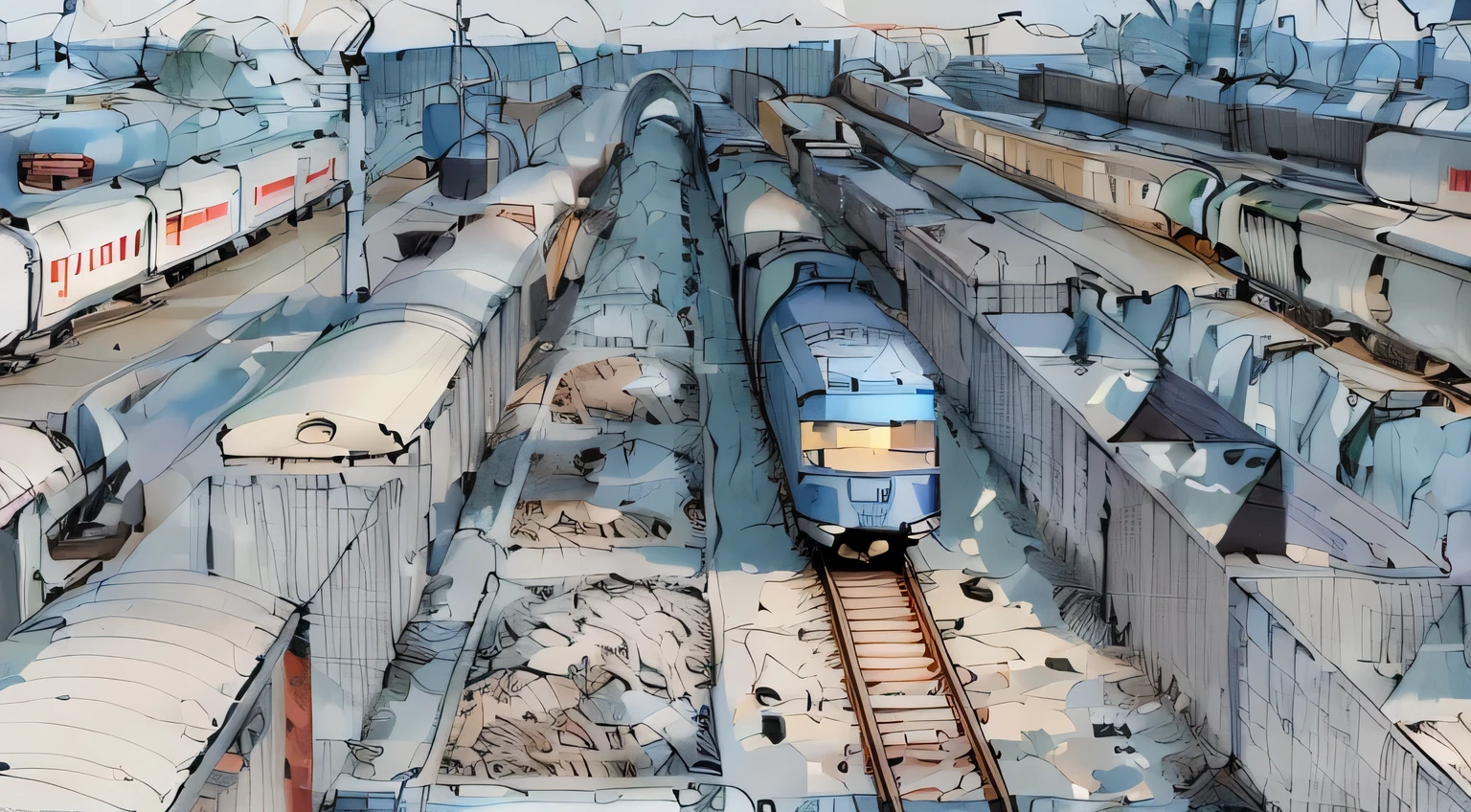 linear, gray in color, white Background,  Background, Sketch, Sketch, pen_Sketch_style of,arafly long train courtyard with many trains and cars, train, trains, Railways, coal, Rails, trains in the background, soviet courtyard, courtyard, in style of kyrill kotashev, The photo shows a large, 3 4 5 3 1, Shutterstock, coal dust, freight car on the railway, 188216907