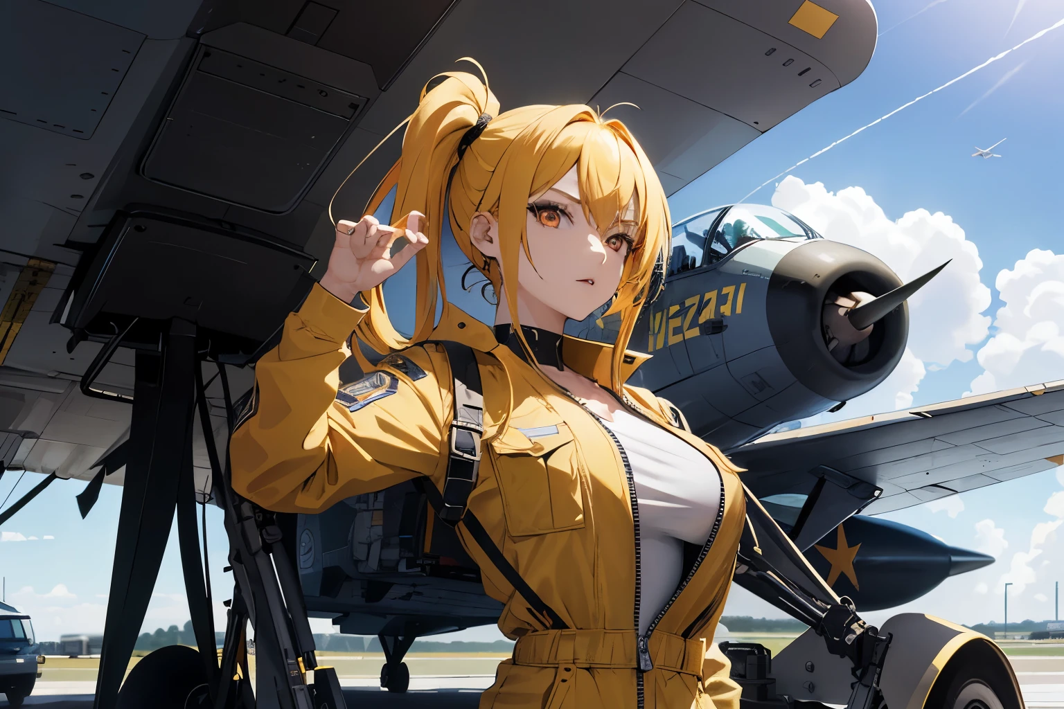 ((best quality)), ((masterpiece)), (detail), Produces a clear picture of an anime character featuring a young anime woman wearing a jumpsuit with an open zipper at a warplane airport. This character, with bright yellow hair and soft red eyes, big breasts and six pack abs, distinctive chest tattoo as a standout feature with power pose. Place her in the backdrop of a busy military airfield with fighter planes in the background. high resolution, ultrasharp, 8K, masterpiece, viewing audience