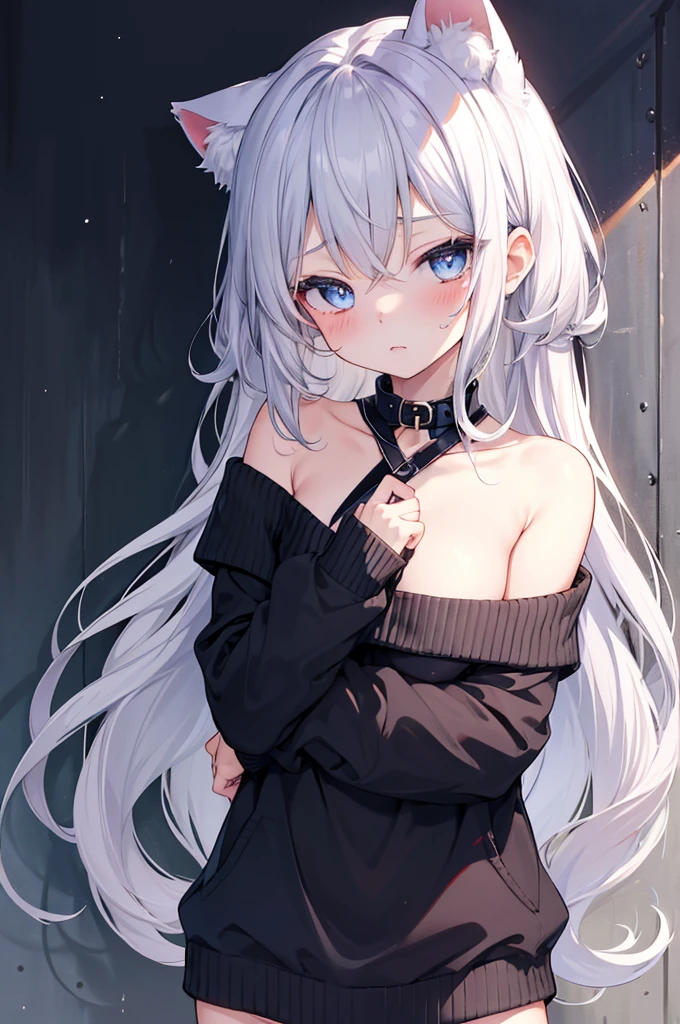 best quality, ultra precision, 1girl, cute, , young, boyish, childish, sbreasts, silver hair, cat ears, blue eyes, beautiful eyes, girl, ecstasy, sailor collar, estrus, metestrus, start to undress, naughty mood, she loves you, lost virgin, virgin, blush, beautiful skin, big bow on chest I'm not wearing panties BLUE SWEATER, BLACK SHIRT, SHIRT UNDER SWEATER, OFF SHOULDER TOP) Tsundere leaning against the wall