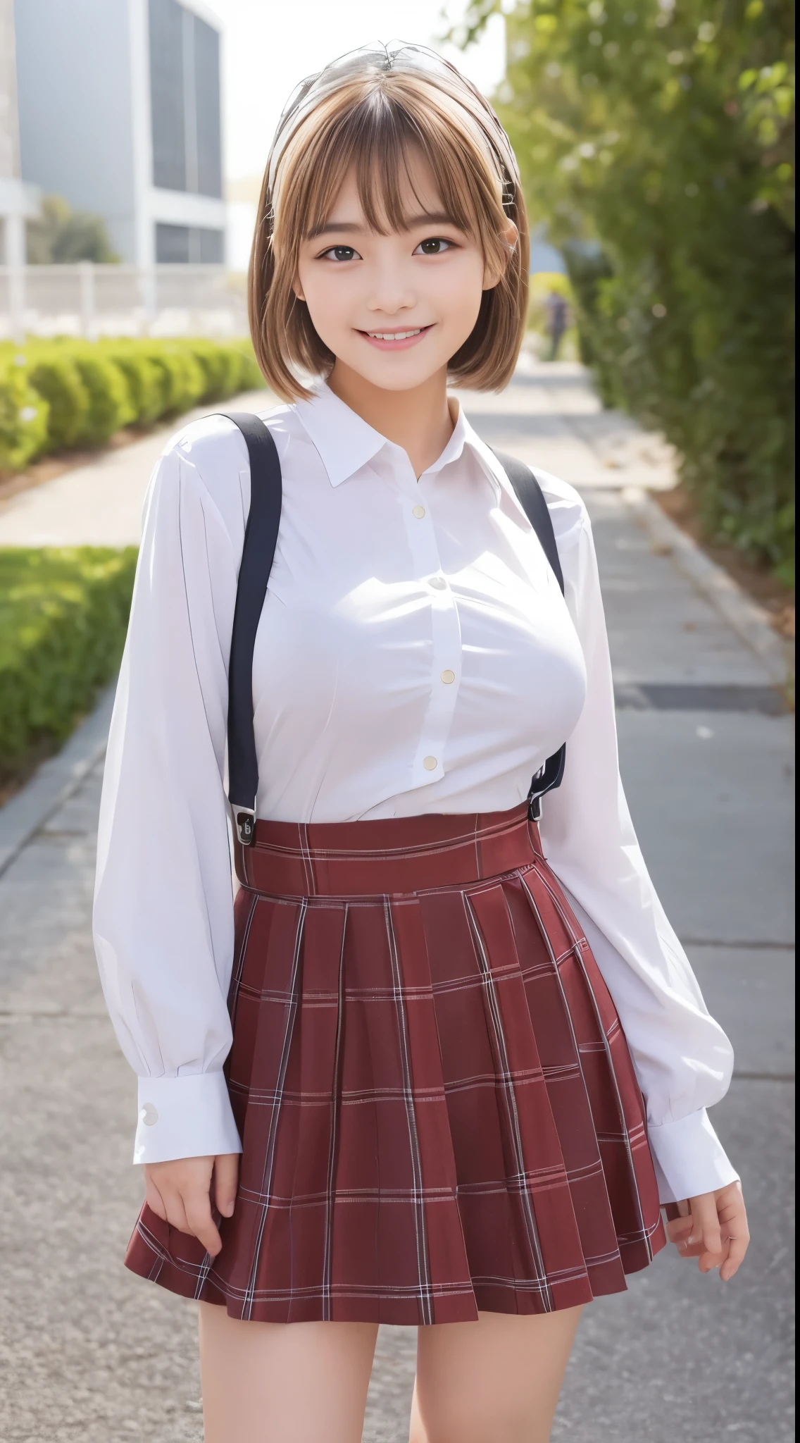 little young girl.................,, in front of the school、Connect to skirt with suspenders、White shirt with long sleeves、Plaid skirt、Lori, , sakimichan,, nice and cute, Innocent smile,  , Lovely smile, sakimichan HDRI、loli big boobs、(Beauty Big 1:2)、a blond、little girl with short bob、Pose cutely