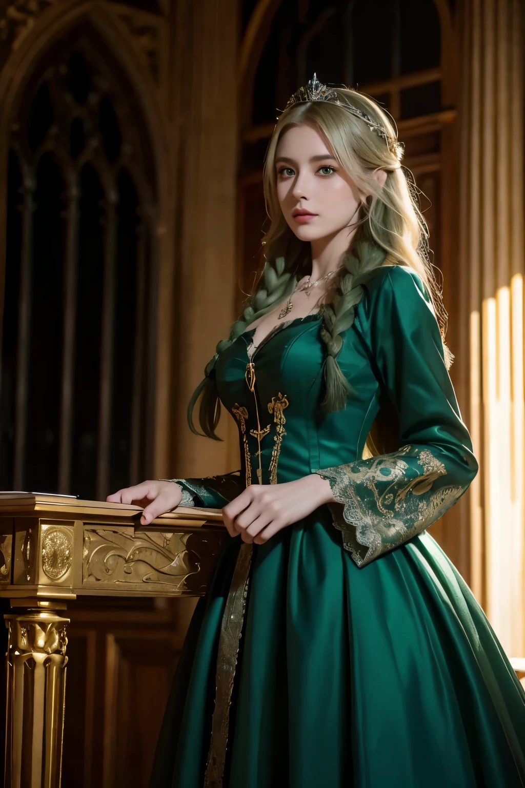 femele，（Long blonde hair：1.5），Oil brush strokes，gothic castle，early evening，White European style palace dress，8K，Rich cleavage，medieval times，the sunset，pale green eyes，shinny hair, expressive hair, Crystal necklace，curlies, lightand shade contrast, gothic art, hyper HD, ctextured skin, super detailing, high detal, high qulity, Anatomically correct, Accurate
