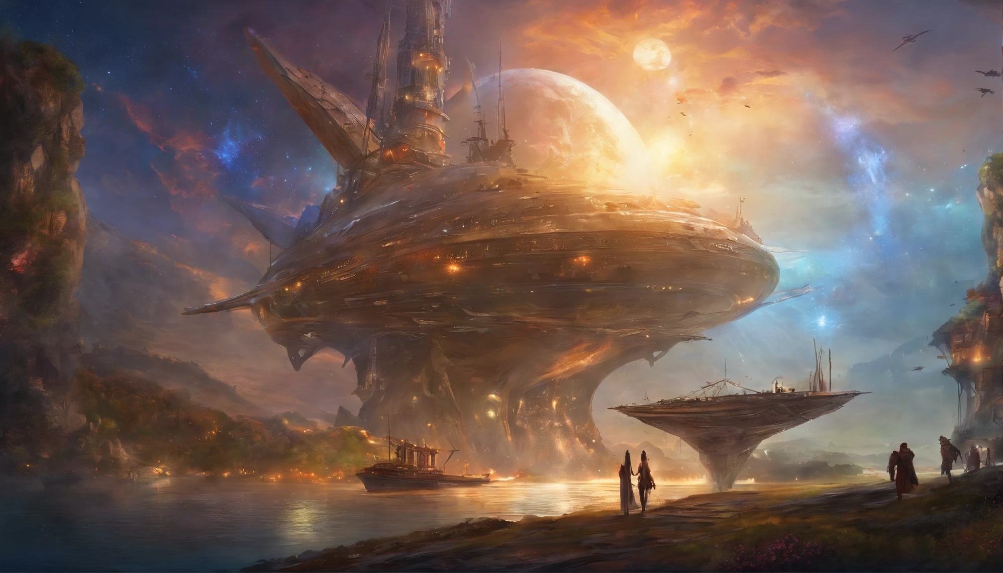 A huge spaceship stands still,The ship is broken,Outside the spaceship, Robots and astronauts are being repaired,Surrounded by shipwrecks,The background is the vastness of the universe,excellent detail,Cinema lenses