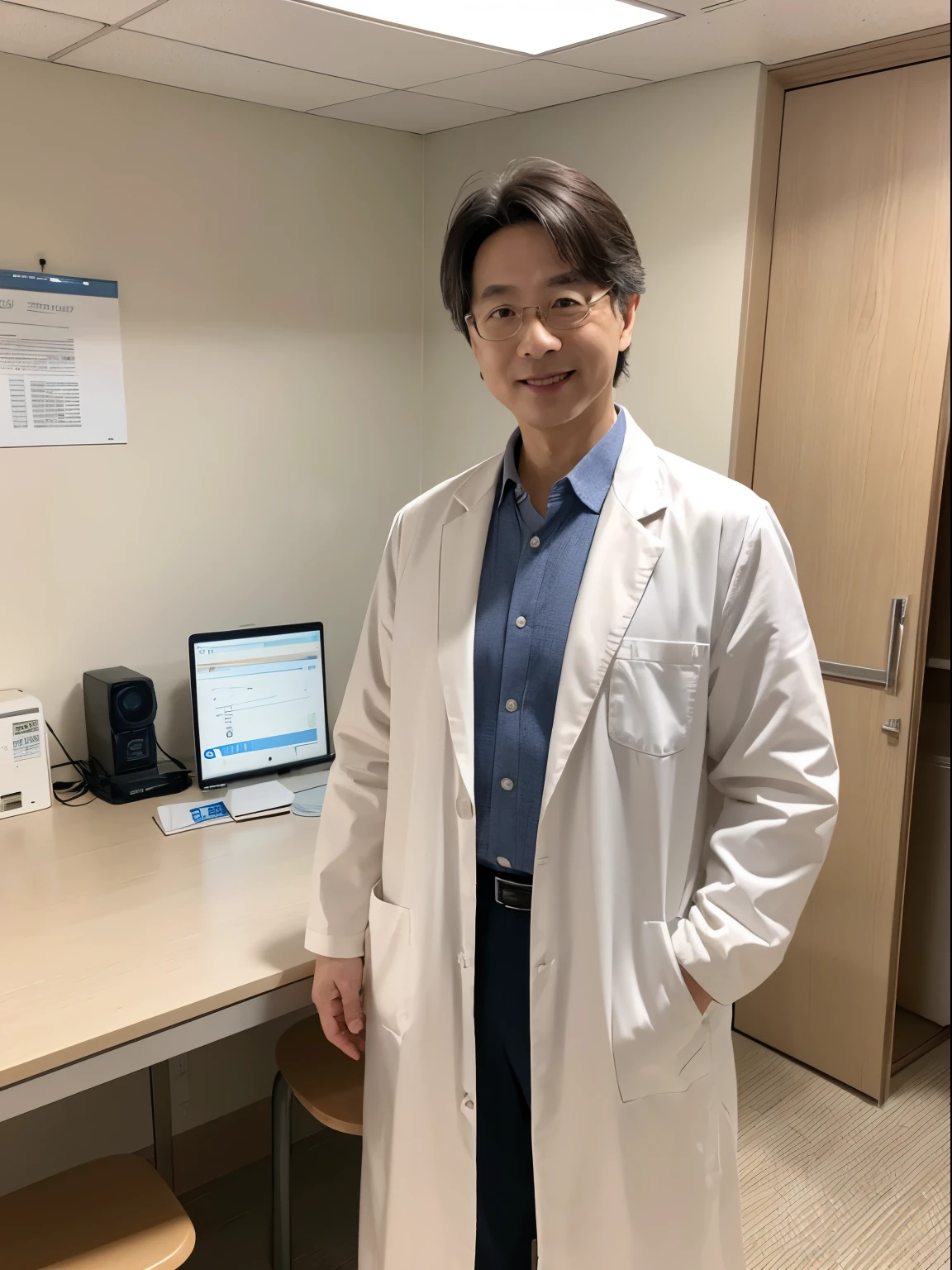 A middle-aged Korean male doctor sitting in his examination room, smiling brightly.