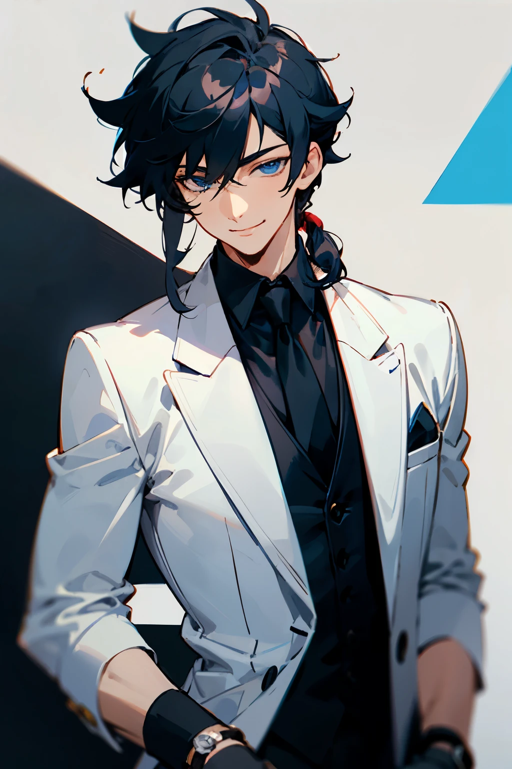 Anime illustration handsome young man cool refreshingly handsome smiling cool black hair tied long at the nape of the neck small々Curly hair, blue eyes, white open collar shirt, black jacket suit, watch on left wrist, black gloves, black tie, mouthpiece