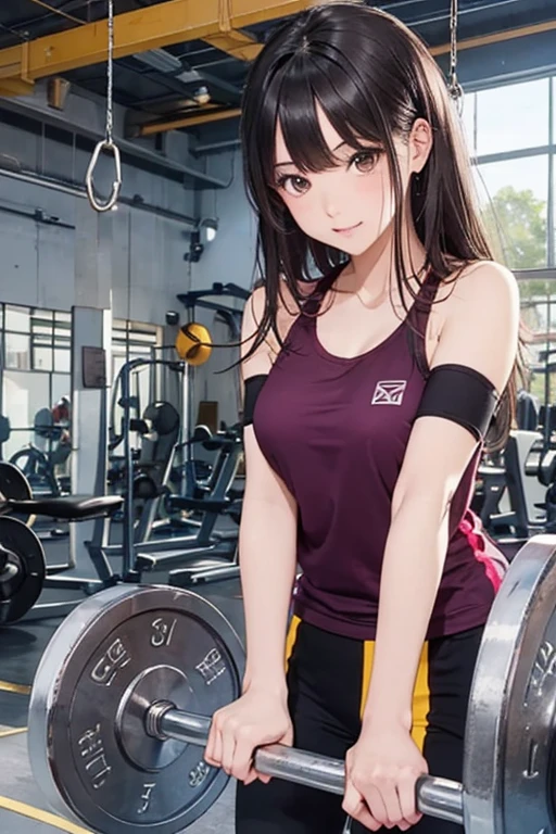 best、masutepiece、An ultra-high picture quality、realisitic、girl with、(Beauty Face 1.4)、、Training room、(Surprised men near women)、(( Beautiful woman lifting a heavy barbell with one hand)), Solo, breasts, realisitic、Silky long hair, (Brown hair),School gym clothes