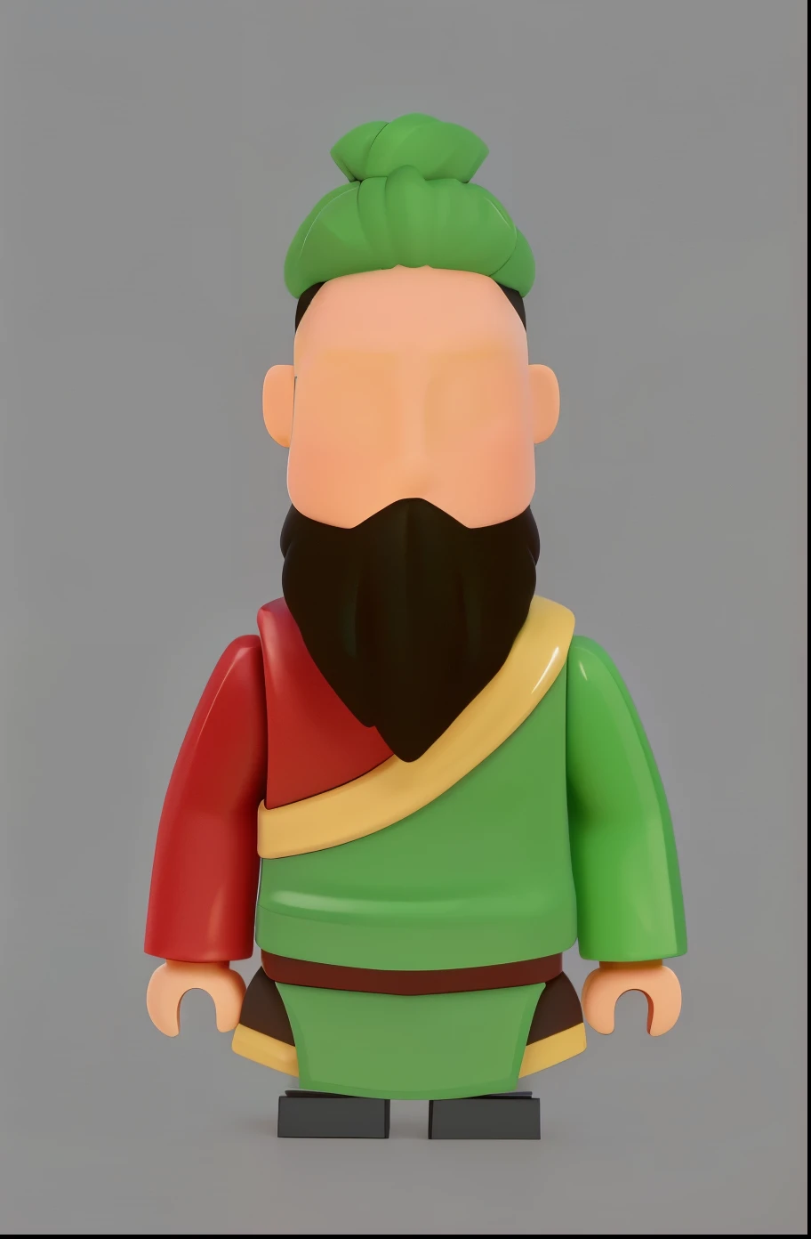 LEGO style minifigures，with no facial features，Ancient Chinese style，Guanye green Hanfu，long braided beard，open hand，Standing picture，3D realism，电影灯光，blurred lens，strong contrasts，High definition details，high high quality，8K，simplebackground，Battle of Chibi，romance of three kingdoms，Lego designer toys