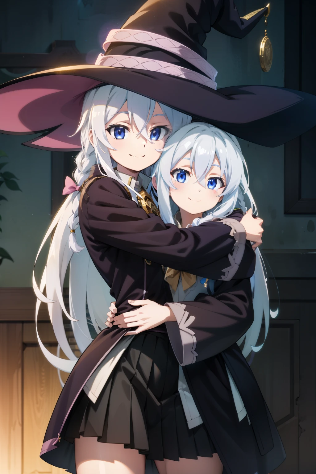 absurdres, highres, (official art, beautiful), best quality, ultra detail, Elaina, long hair, blue eyes, white hair, hair between eyes, witch, hair bow, braid, hug, skirt lift, smile,