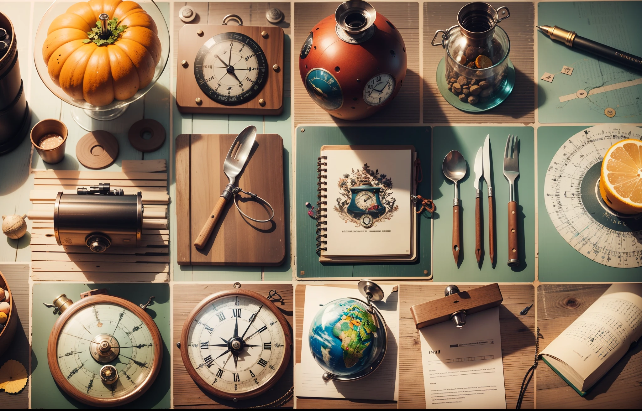 A photo collage displaying 50 diverse objects including a teacup,bicycle,umbrella,candelabra,harmonica, globe, notebook, feather,stopwatch,chessboard, marbles, scarf,lantern,paintbrush, sandals, compass, binoculars,wrench,vase,yo-yo,quill, kettie, satchel, seashell, locket,pencil,sundial, tape measure, abacus, cufflinks, bowling ball, whistle,trowel, spatula, hourglass,top hat,flute,microscope, jigsaw puzzle, magnifying glass,frisbee,spinning top,flashlight,jump rope,can opener,wind chime,bonsai tree,rolling pin. thermos, and typewriter. Each object is uniquely positioned and easily identifiable, creating a visually interesting and eclectic composition. --auto --s2