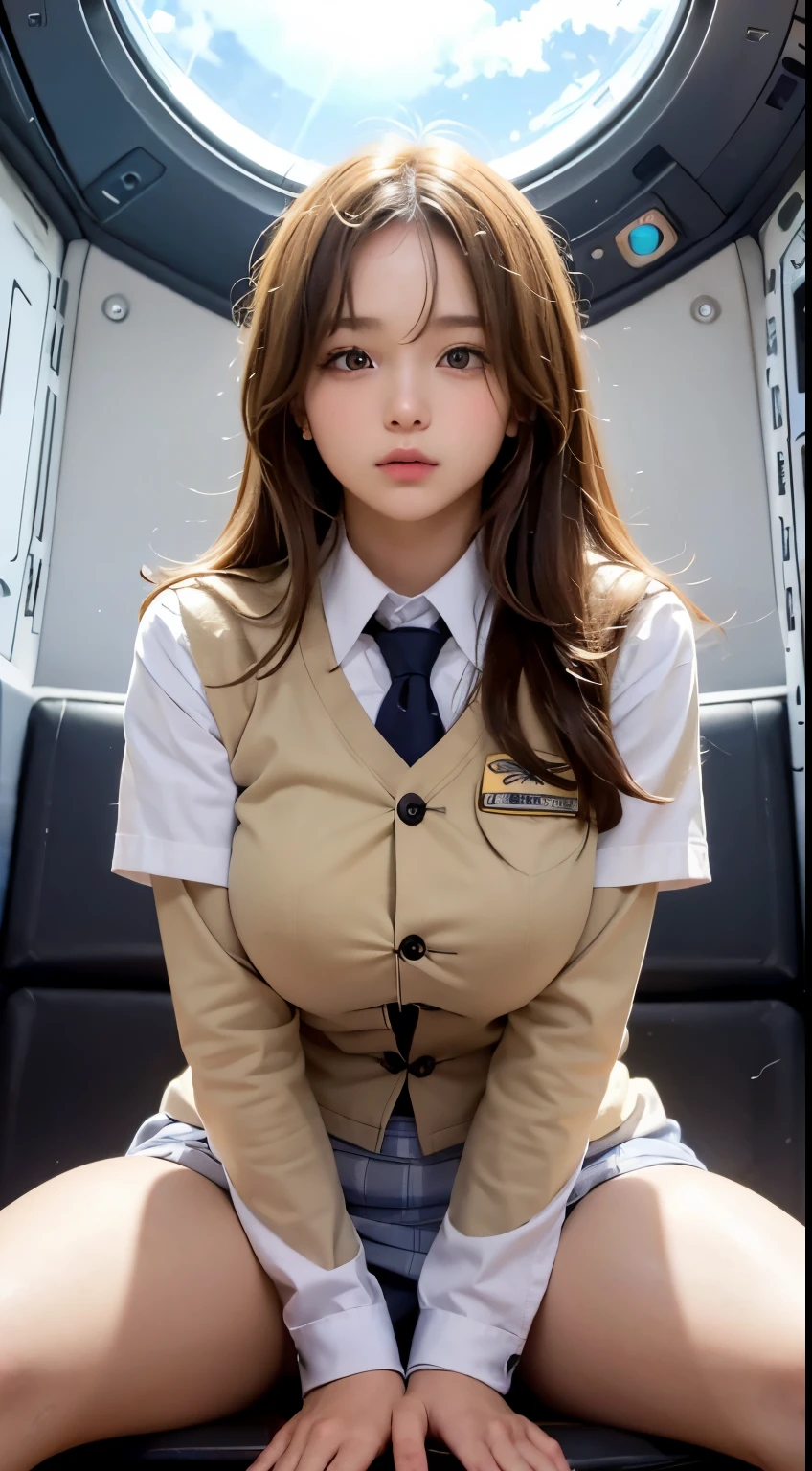 of the highest quality, High Definition, 16 K, Detailed background, (from below:1.2)
slender beautiful high school girl sitting in the space station, school uniform, Open her legs, (Plump breast:1.2), brown bob hair, beautiful  brown eyes , blushed face, Looking at the viewer, wet, sweat,
beautiful orange cosmo and clouds,