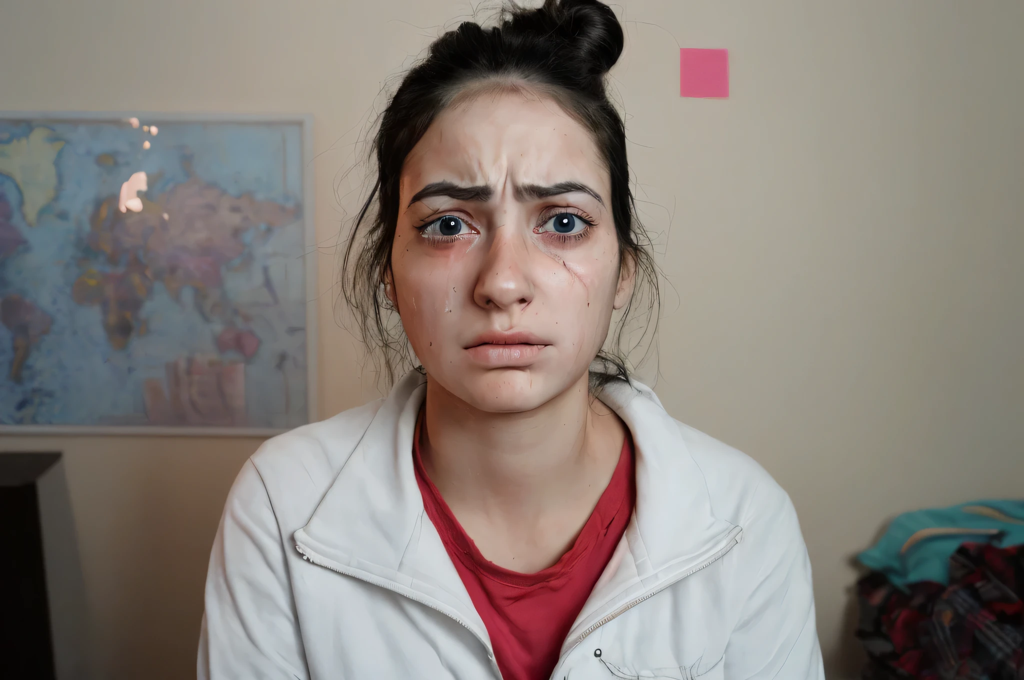 The girl is sad and ill, make her eyes dull and tired. She is crying with a loud scream. Realistic, high details, photorealism.
