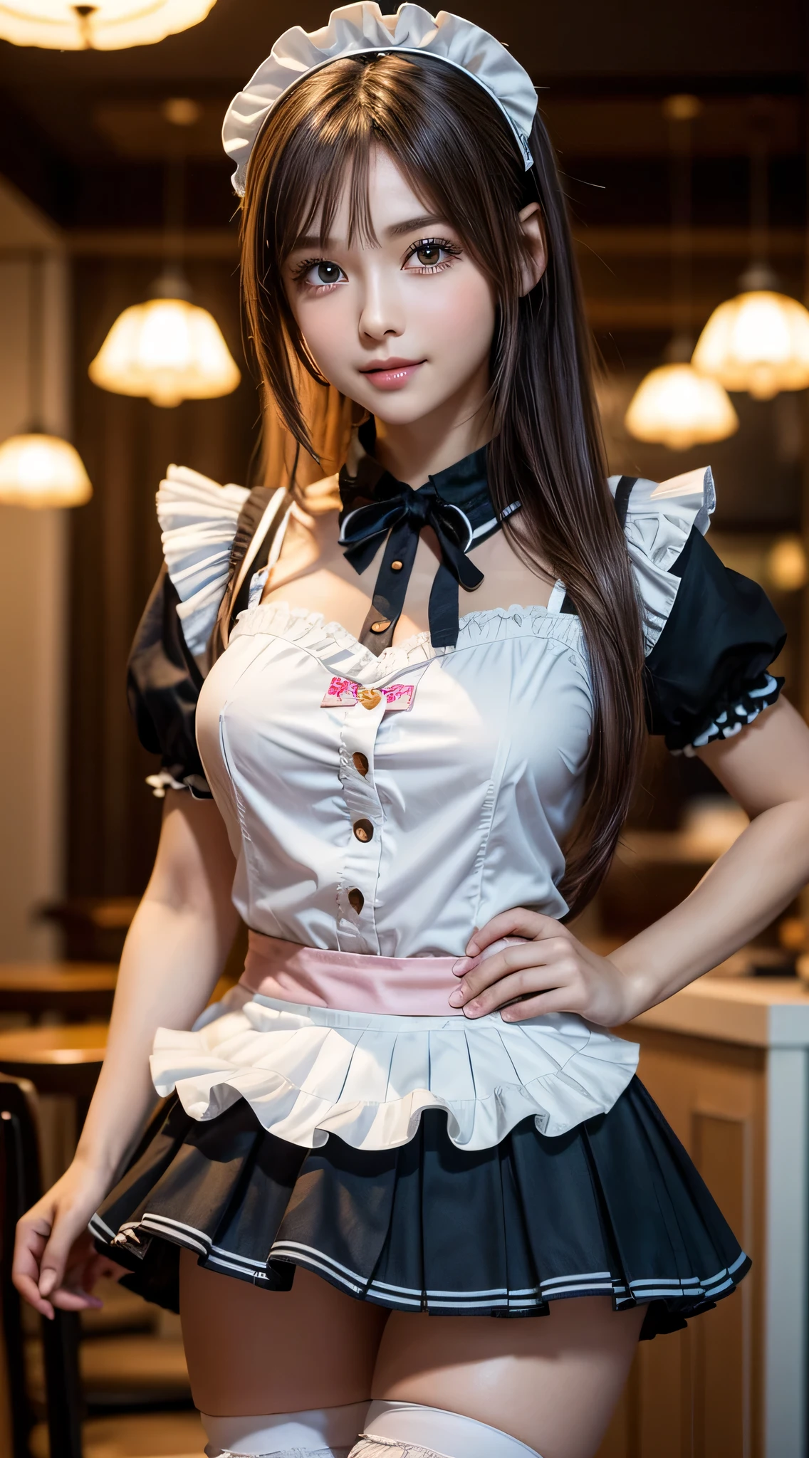 (1young girlrown hair, Amazing face and eyes, Pink eyes, seducting smile, (Maid café costume with frills, Pleated mini-skirt:1.5), (Wide open maid cafe costume:1.2), bared chest, (amazingly beautiful girl), Brown hair, Stylish hair ornamen Quality:1.4), (Ultra-detailed), (extremely detailed CG unified 8k wallpaper), Highly detailed, High-definition raw color photos, Professional Photography, depth of fields, (View from below),