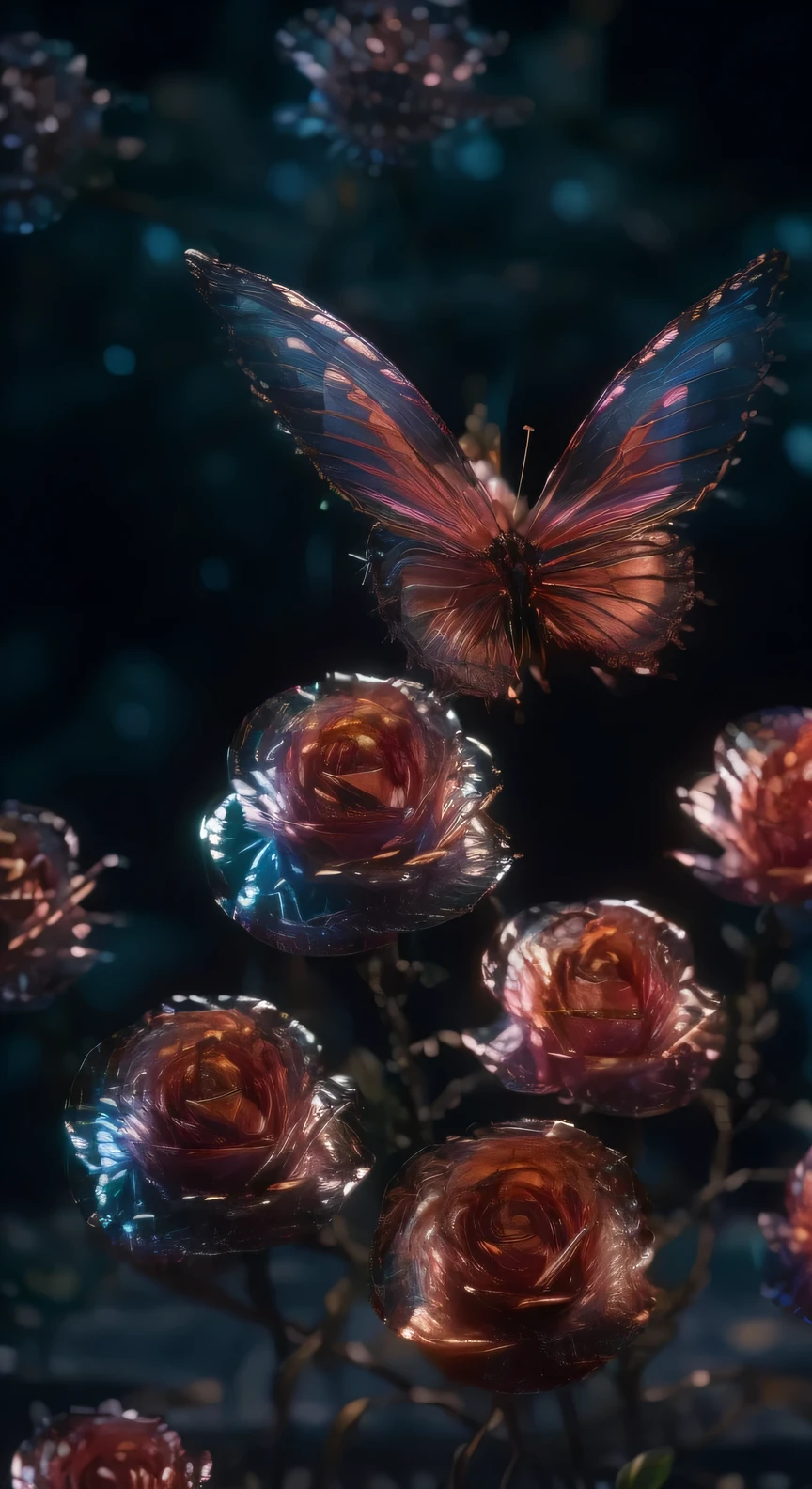 Crystal Fantasy, roses, fulcolor,  toe up, Countless crystal wings soar into the sky,
Fantasy, Galaxy, Transparent, 被写界深gradenは浅く, Jade Bokeh, glinting, glinting, Stunning, colourfull,
magical photography, Dramatic Lighting, photorealisim, Ultra Detail, 4K, graden , 高解像gradenであり,沢山のroses