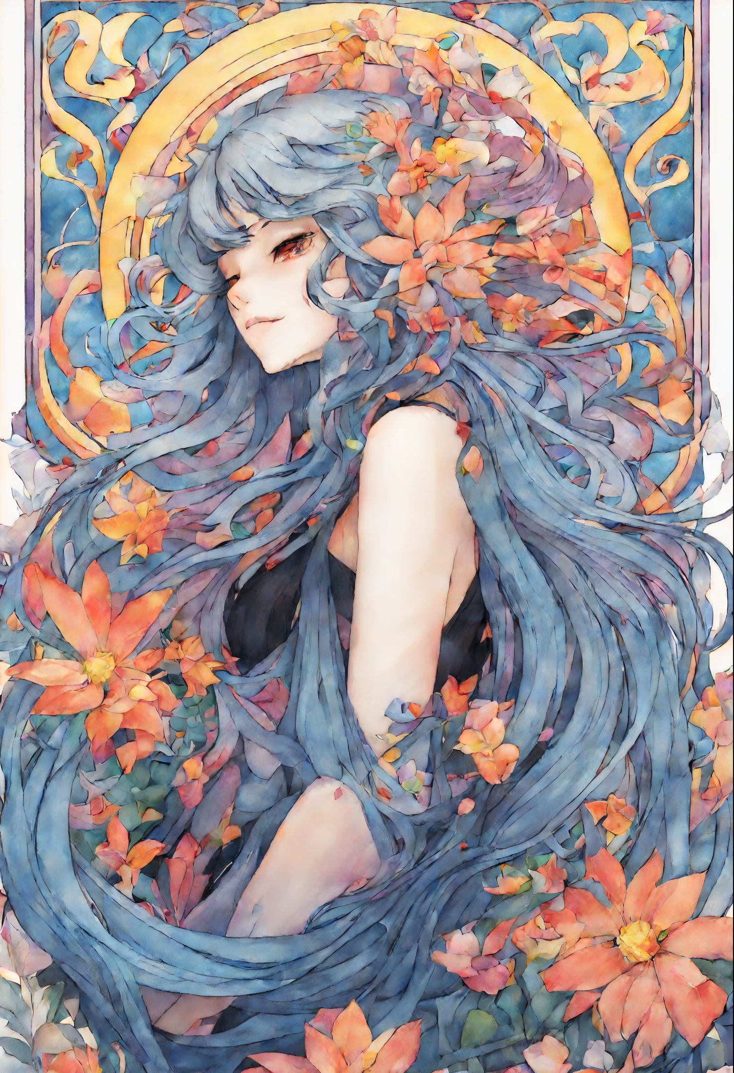 tide play,luxray, split color hair, wind, flying petals, stainedglassai, ornamental, intricate details, dufkova, 2d, lineart, watercolor, ink watercolor, random color hair, super long hair, wavy, 1girl,alraune,flower, alraune,