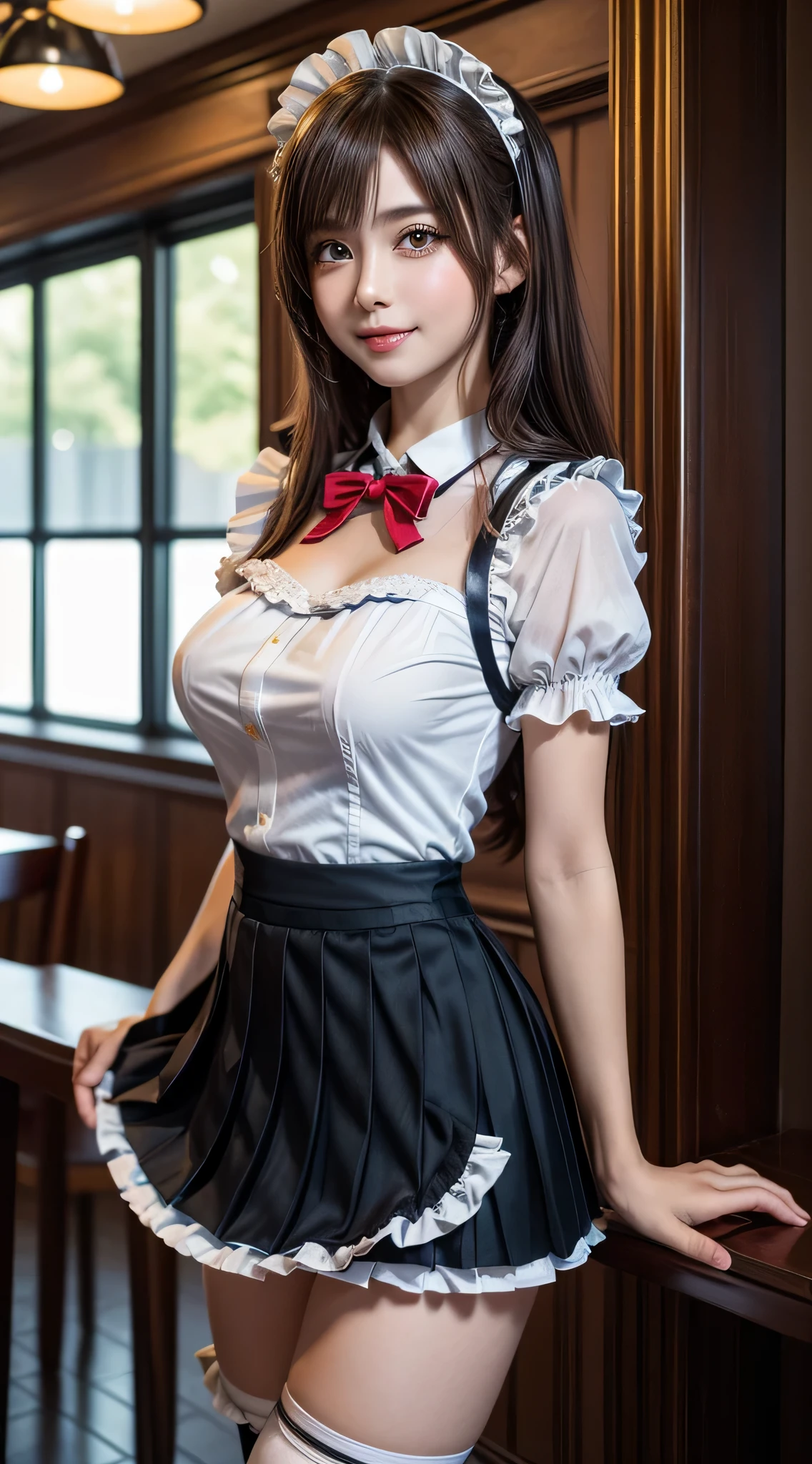 (1young girlrown hair, Amazing face and eyes, Pink eyes, seducting smile, (Maid café costume with frills, Pleated mini-skirt:1.5), (Wide open maid cafe costume:1.2), bared  chest, (amazingly beautiful girl), Brown hair, Stylish hair ornamen Quality:1.4), (Ultra-detailed), (extremely detailed CG unified 8k wallpaper), Highly detailed, High-definition raw color photos, Professional Photography, depth of fields, (View from below),
