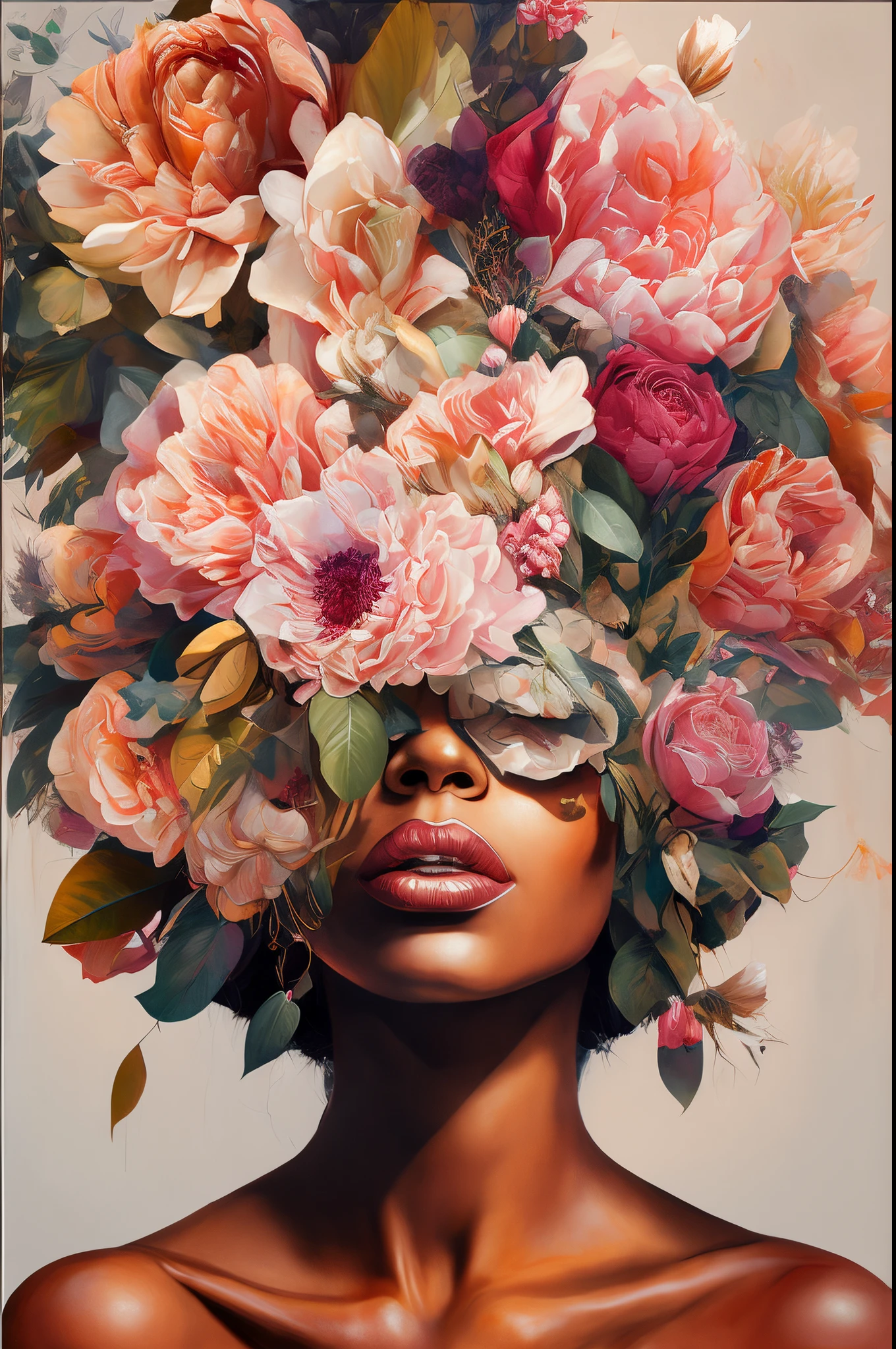 painting of a woman with flowers on her head, woman in flowers, painting by android jones, flower queen, afro made of flowers, queen of flowers, flower goddess, roses in her hair, inspired by Sandra Chevrier, wrapped in flowers, girl with a flower head, made of flowers, turban of flowers, female portrait with flowers, full of flowers