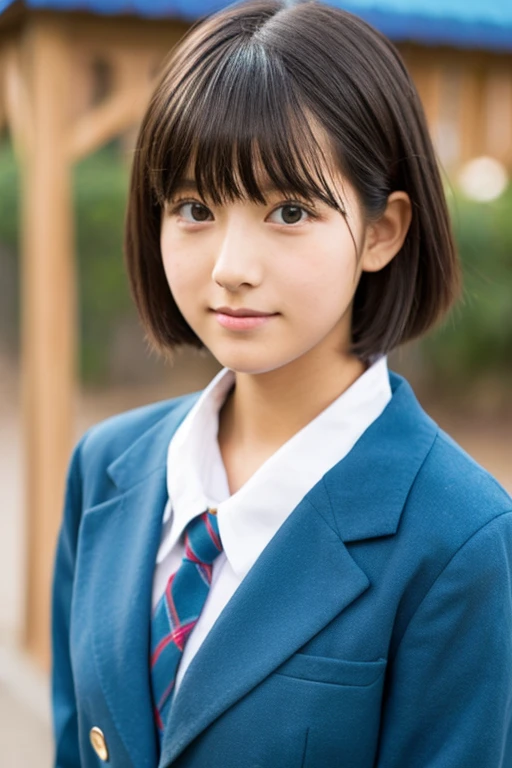 Realistic high school girl wearing a blazer，soio，‎Classroom，Hairstyle shortcuts