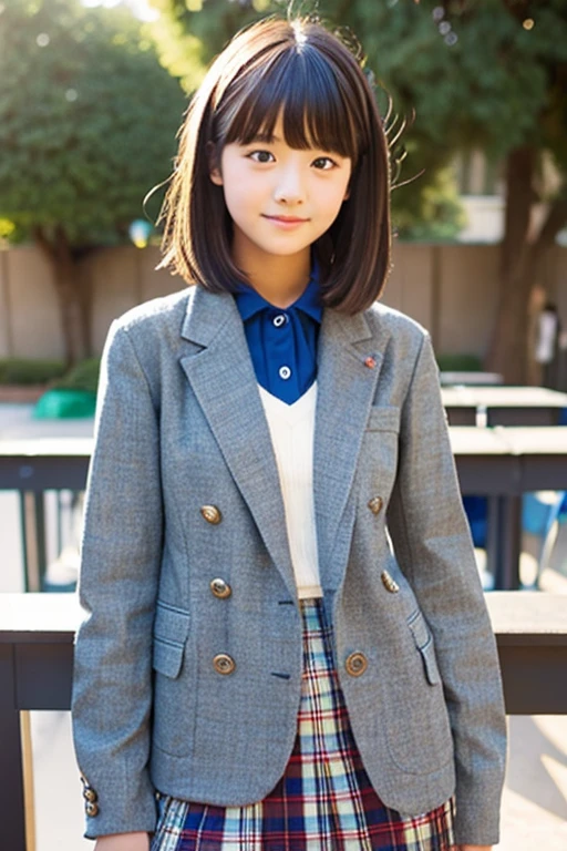 Realistic high school girl wearing a blazer,soio,Classroom,Hairstyle shortcuts