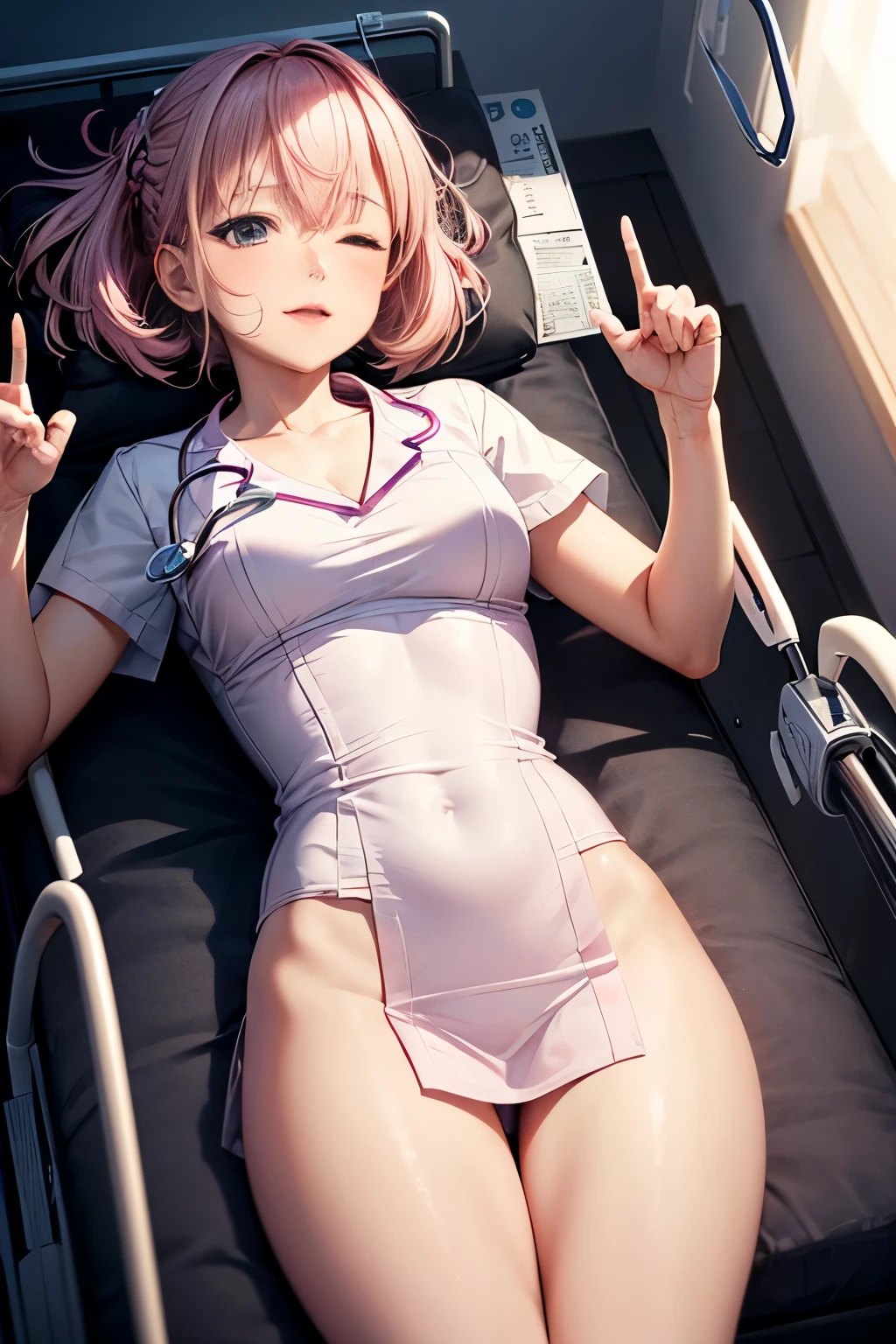 ((白いadmitted to the hospital服を着ている:1.5)), , ((lying on one's side:1.5)), ((Both eyes are closed)), ((Anatomically correct hand:1.5)), Anime, ((In Kyoto Animation Style:1.5)), super precision, masterpiece, very extremely beautiful, Princess Face, ((1人の女性)), ((Solo:1.5)), ((Pink hair:1.5)), ((BobKat 1.5)), BREAK, ((Black eyes)), short-cut, ((Straight hair)), BREAK, Full limbs, ((complete fingers:1.5)), ((admitted to the hospital:1.5)), BREAK, ((Skindentation)), Professional Lighting, (25-years old), Narrow waist, Shiny skin (Brown skin), ((Oiled skin)), glistning skin, Looking at Viewer, Cowboy Shot, ((Dynamic Pose:1.5)), Looking at the camera, Sexy, A slight smil, Slightly open mouth, Ultra-fine eyes, 超精細なfaces, ((thin lips:1.5)), ((drooping eyes)), ((portlate:1.5)), faces, Sexy, Looking at the camera, hospitals, a bed, ((Are sleeping)),