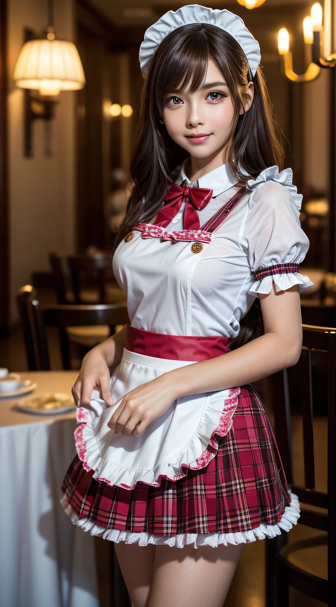 (1young girlrown hair, Amazing face and eyes, Pink eyes, seducting smile, (Maid café costume with frills, Pleated mini-skirt:1.5), (Wide open maid cafe costume:1.2), bared  chest, (amazingly beautiful girl), Brown hair, Stylish hair ornamen Quality:1.4), (Ultra-detailed), (extremely detailed CG unified 8k wallpaper), Highly detailed, High-definition raw color photos, Professional Photography, depth of fields, (View from below),