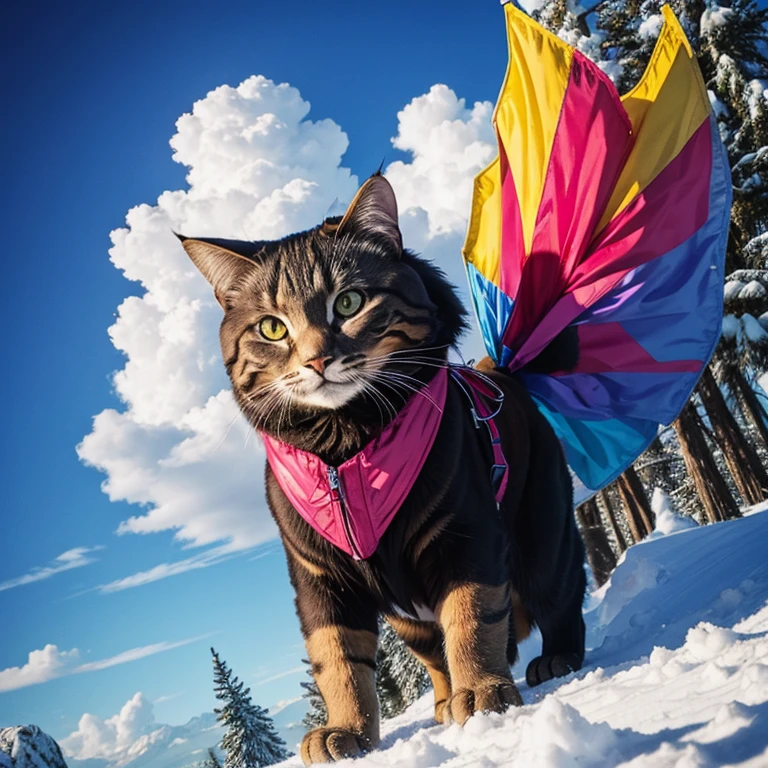 mountain cat in the style of Lisa Frank,
