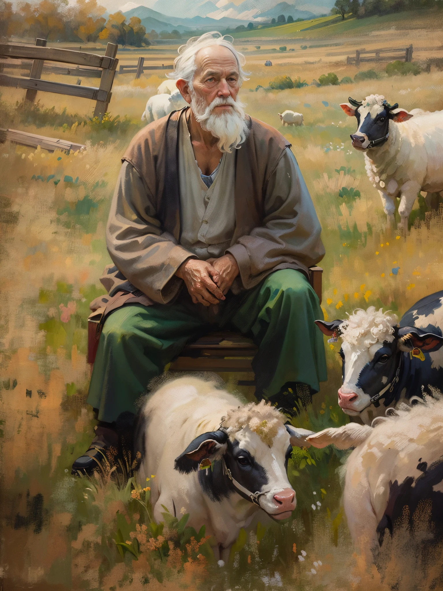 an oil painting，da vinci art style。old man in the pasture, messy  hair，Cows and sheep in the distance，Guviz style artwork,，Artistic creativity:1.37,Sweet，Wonderful and magical，Exquisite，Natural soft light，Lonely eyes，