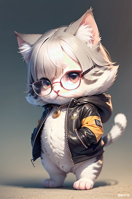 c4tt4stic, A cute kitten wears a pair of metal spectacle frames（Munchkin cat appearance detailody hair is light gray,、Short legs）, transparent background