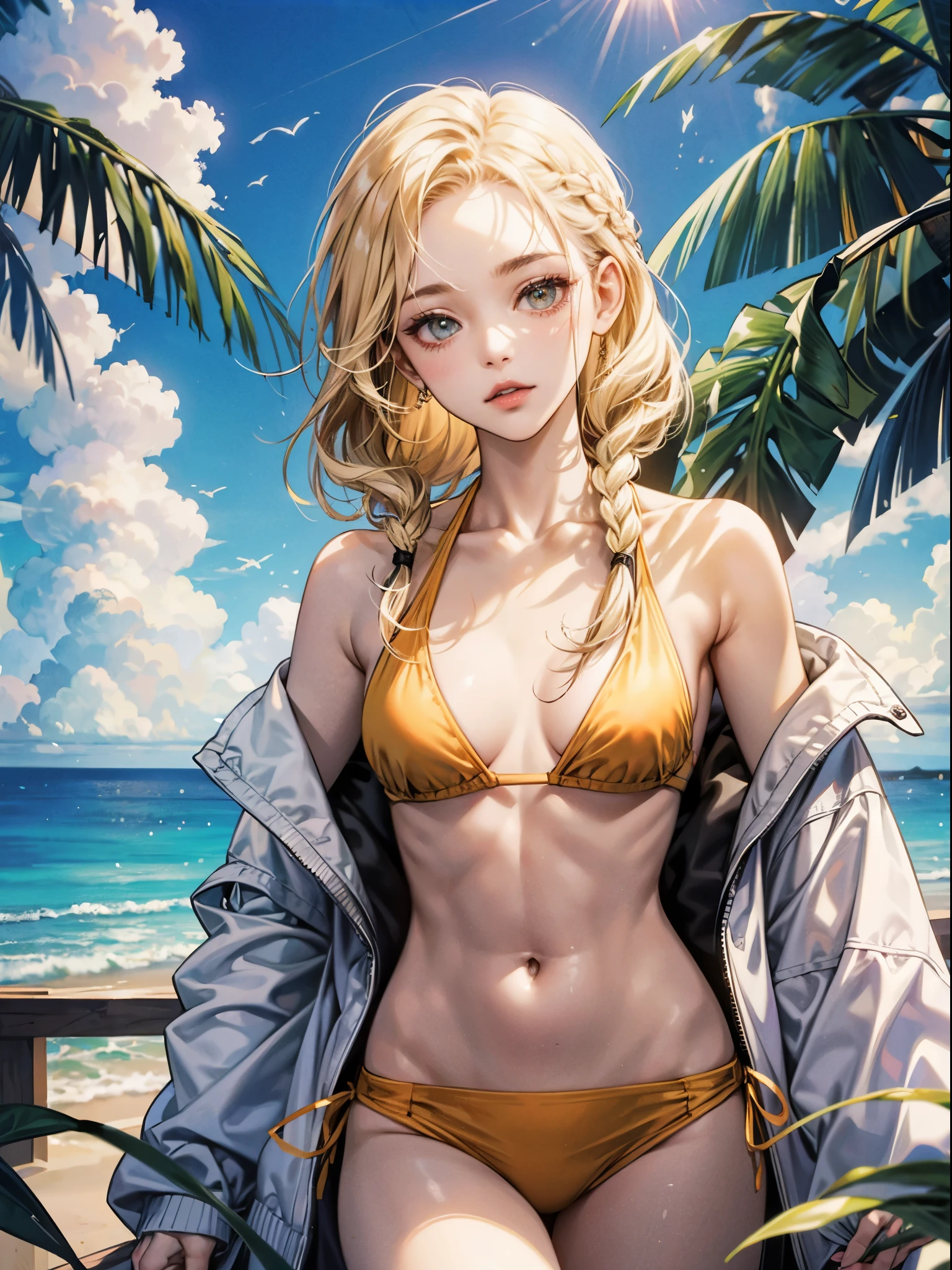 top-quality、​masterpiece、blonde  hair、hazel Eye、The bikini、look up to、The upper part of the body、Hair strands、light skinned、Side braid、Luxury、summer