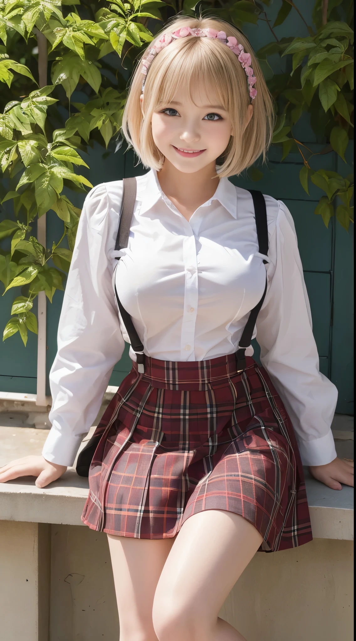 girl.................,, in front of the school、Connect to skirt with suspenders、White shirt with long sleeves、Plaid skirt、Lori, , sakimichan,, nice and cute, Innocent smile, , Lovely smile, sakimichan HDRI、loli big boobs、(Beauty Big 1:2)、a blond、little girl hort bob、Pose cutely