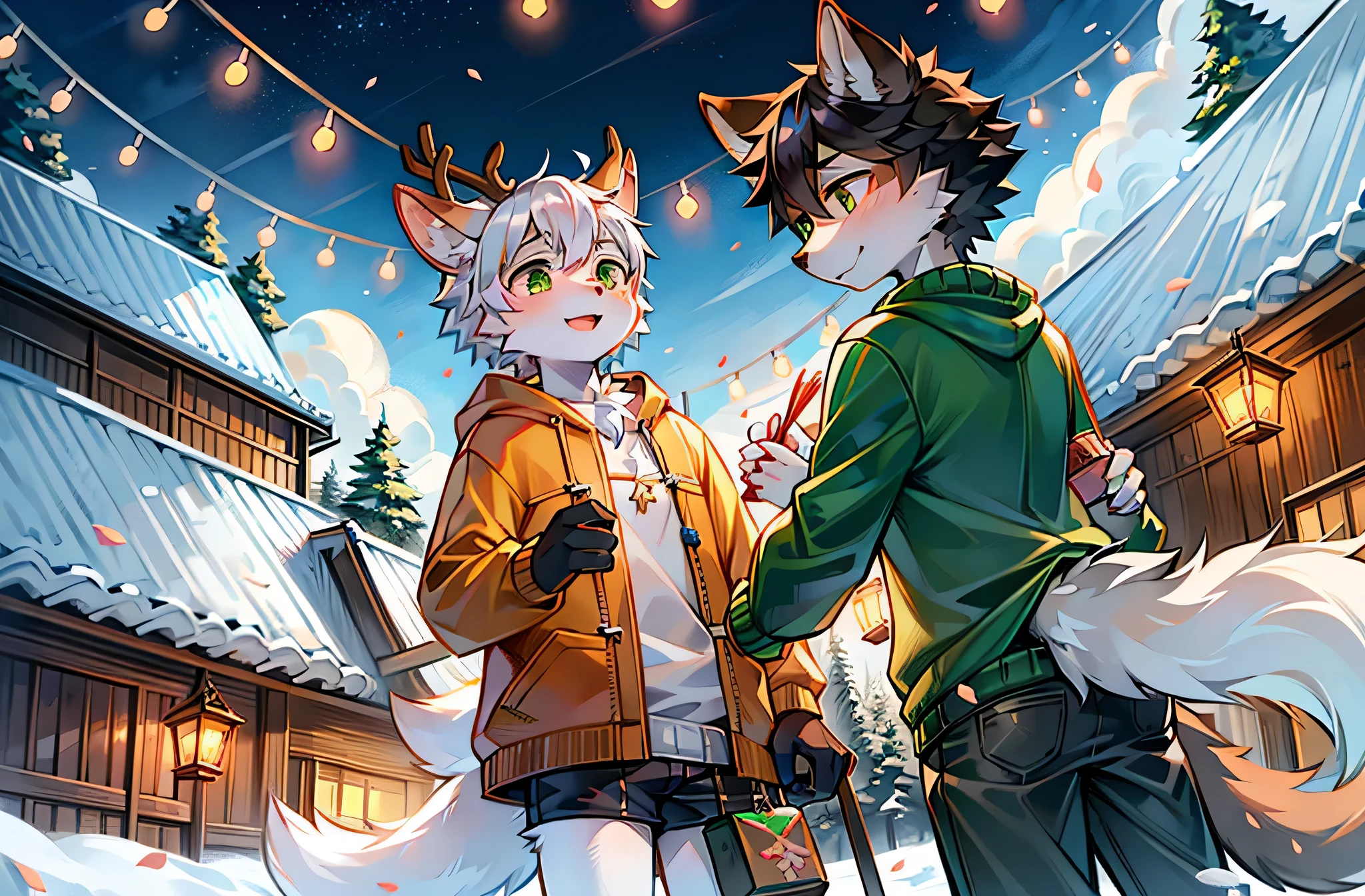 White hair, Green-eyed deer wearing light green sweater,Black haired orange eyed wolf wearing orange sweater,deer antlers,在雪里放firecrackers,Peach blossom tree,falling flower petals,White petals,Oyuki,nigh sky,shota,firecrackers,spark of light,As estrelas,two shota,lanterns,new year,having fun,furry tail,trouser pockets