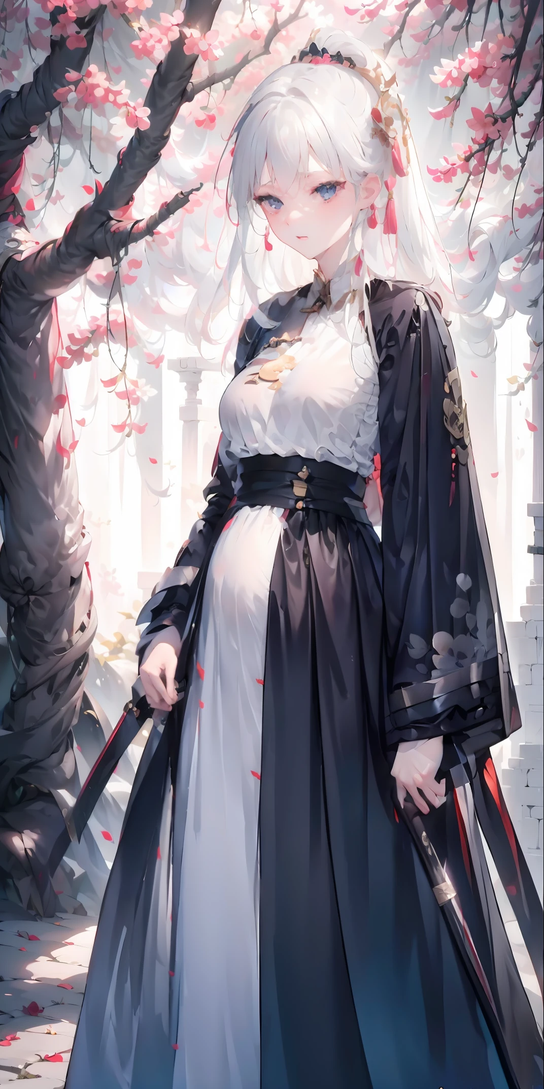 Golden hairpin, white ash hair, black shirt, white skirt, (black cloak:1.2), pale face, sweating, heavy breath, blushing, pregnancy  dresest quality:1.2), ultra-detailed,realistic ,portraits, vivid colors, soft lighting, interesting PoV, stocking, straight hair, pregnant, Pregnant  belly, Chinese sword, anime girl